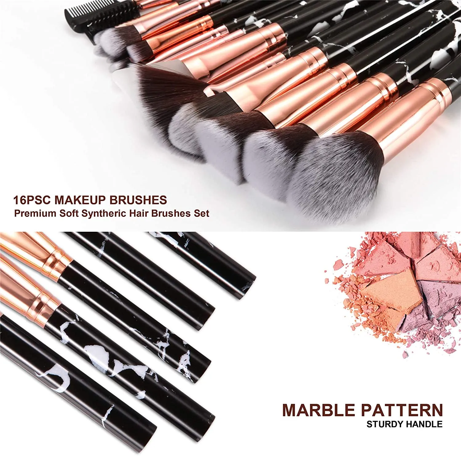 Marble-16pcs Black Makeup Brush Sets with Bucket Box