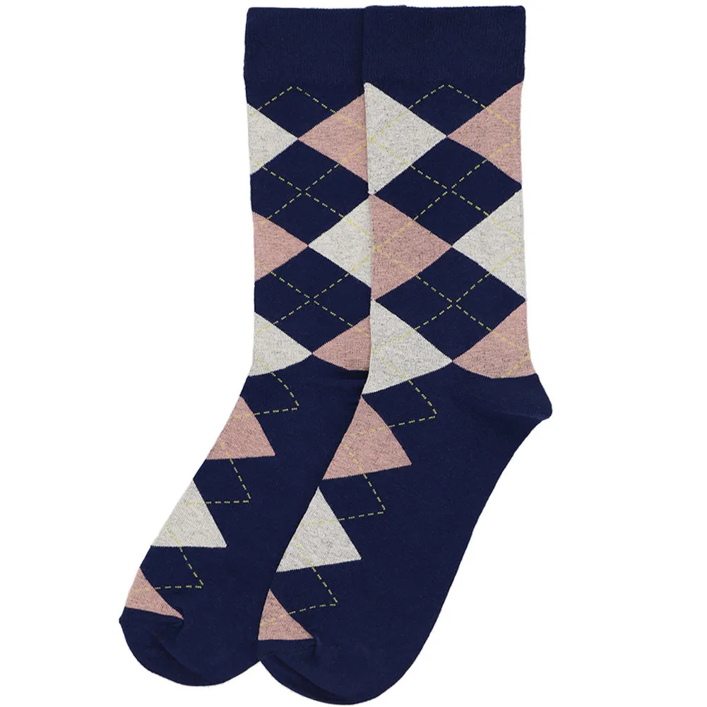 Men's Navy Blue and Blush Pink Argyle Socks