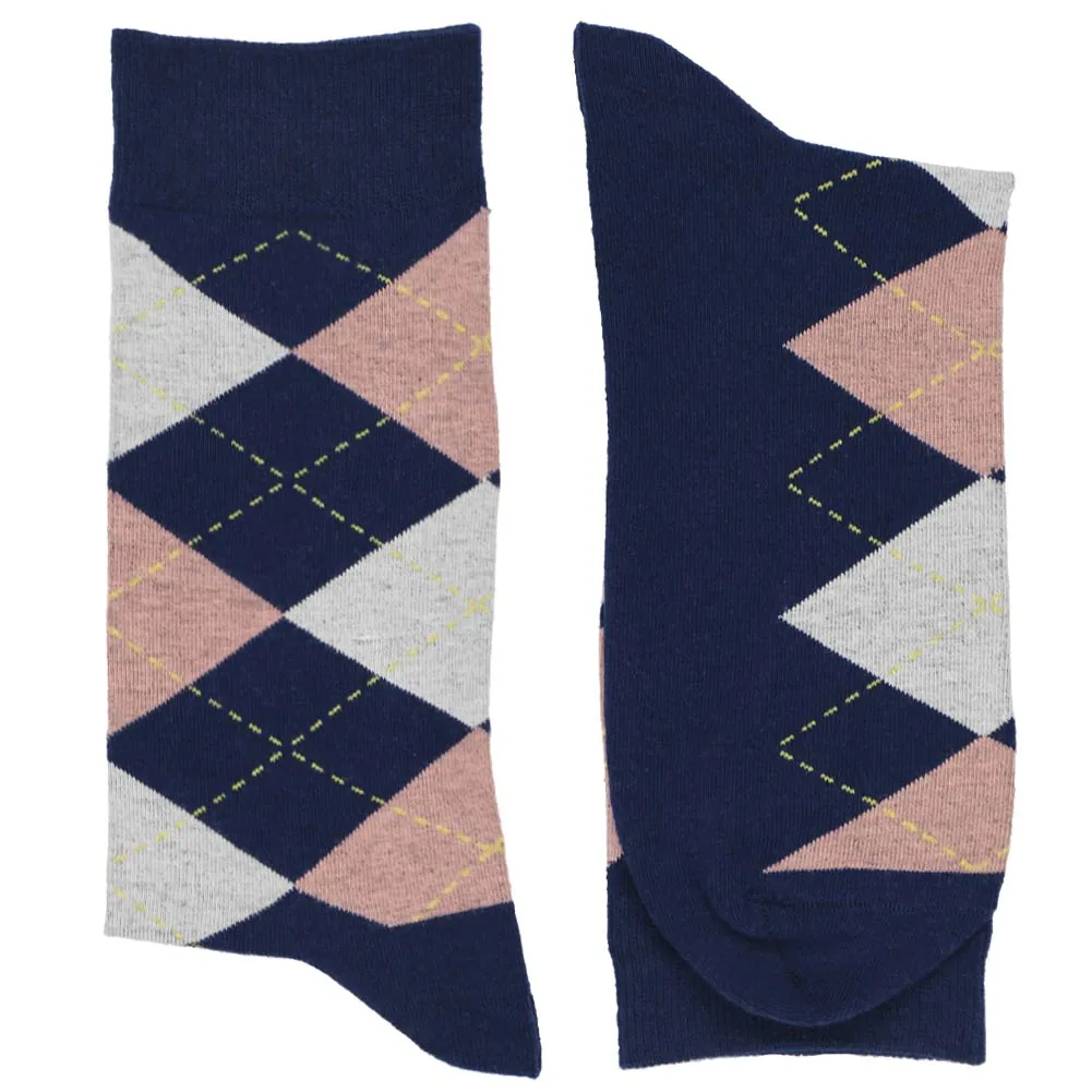 Men's Navy Blue and Blush Pink Argyle Socks