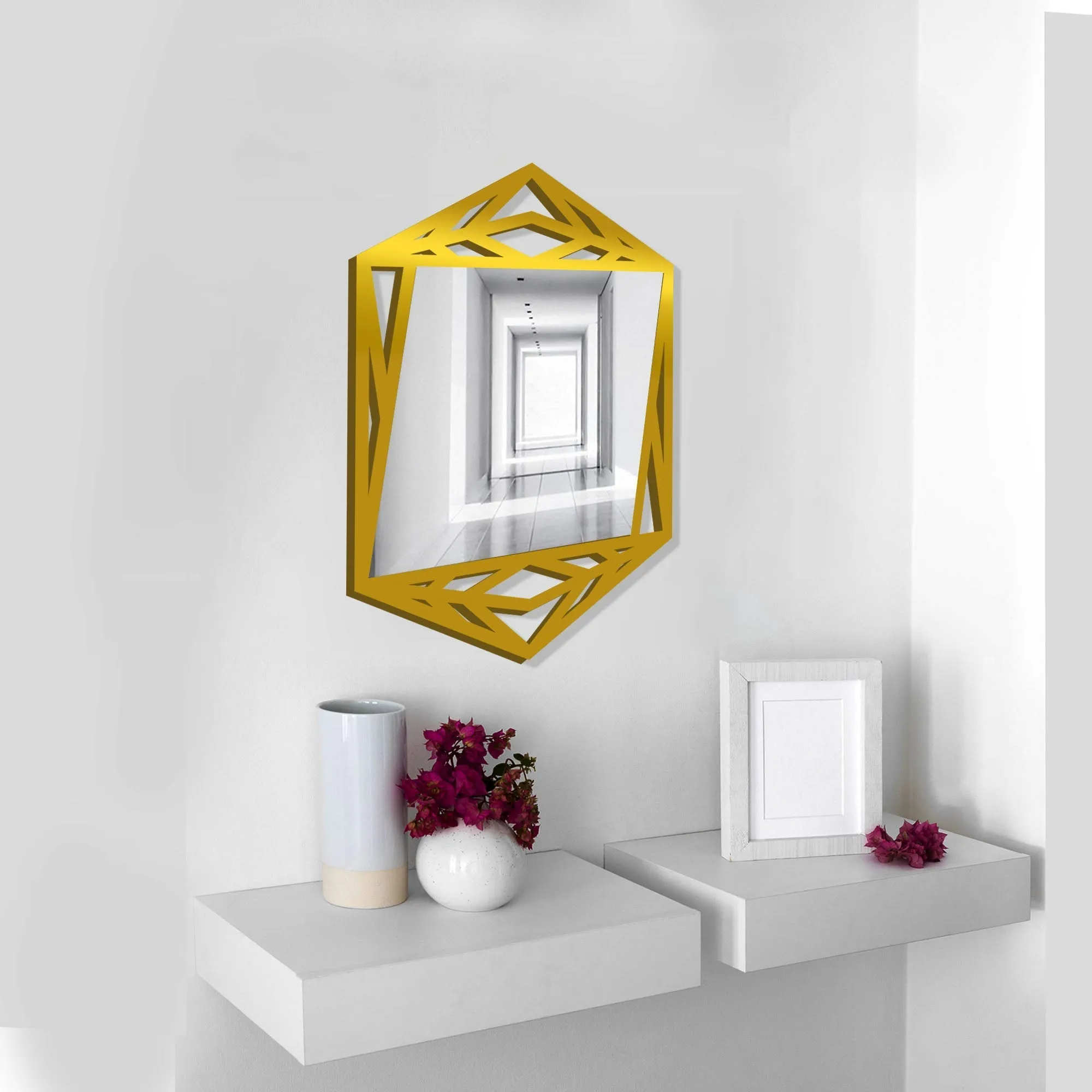Minimalistic Geometrical Shape Wooden Golden Finish Wooden Vanity Mirror