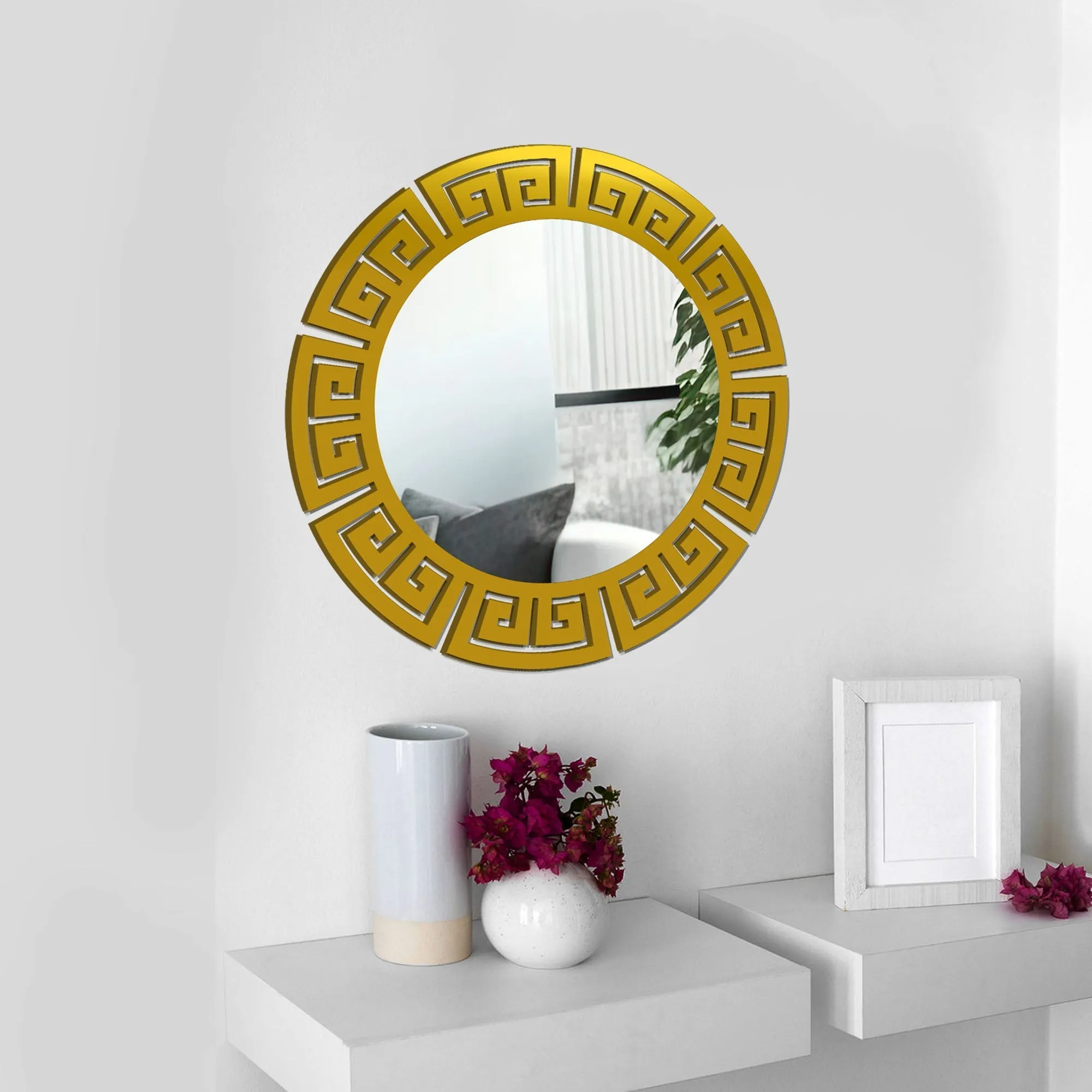 Modern Round Shape Decorative Design Wooden Wall Mirror With Gold Texture