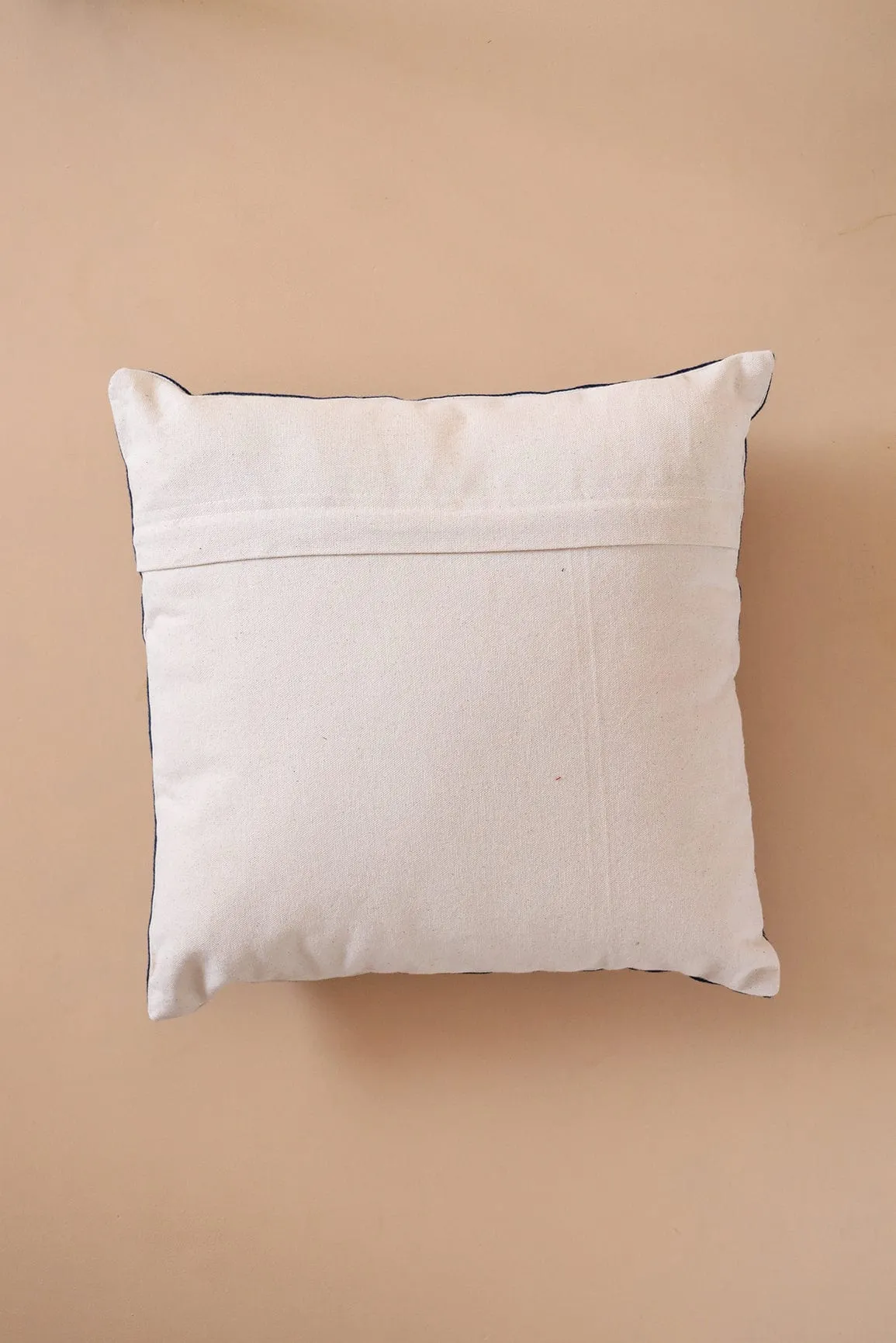 Navy Blue Stripped Embroidery on off white cotton Cushion Cover (16*16 inches)