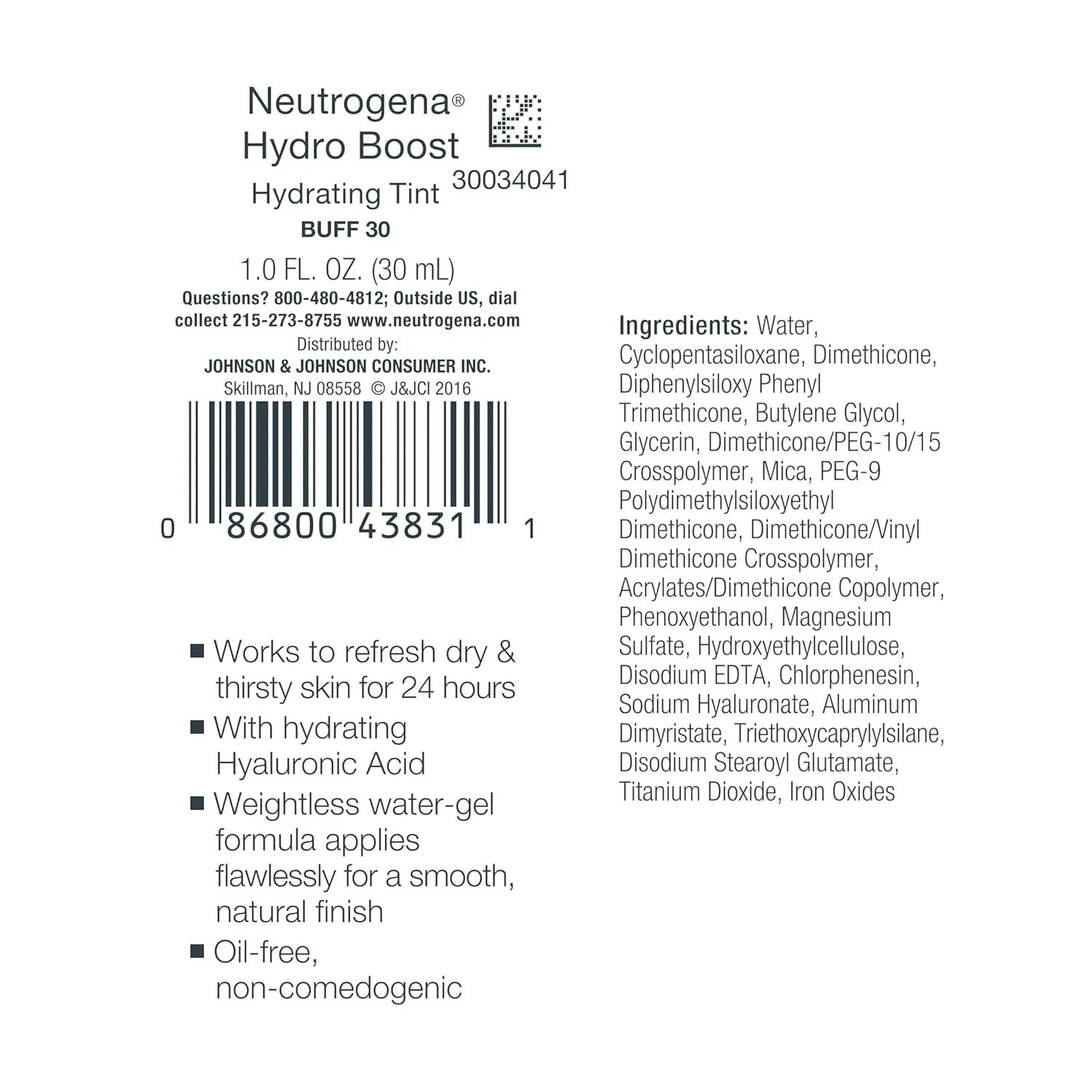Neutrogena Hydro Boost Hydrating Tint with Hyaluronic Acid, Lightweight Water Gel Formula, Moisturizing, Oil-Free & Non-Comedogenic Liquid Foundation Makeup, 30 Buff Color, 1.0 fl. oz