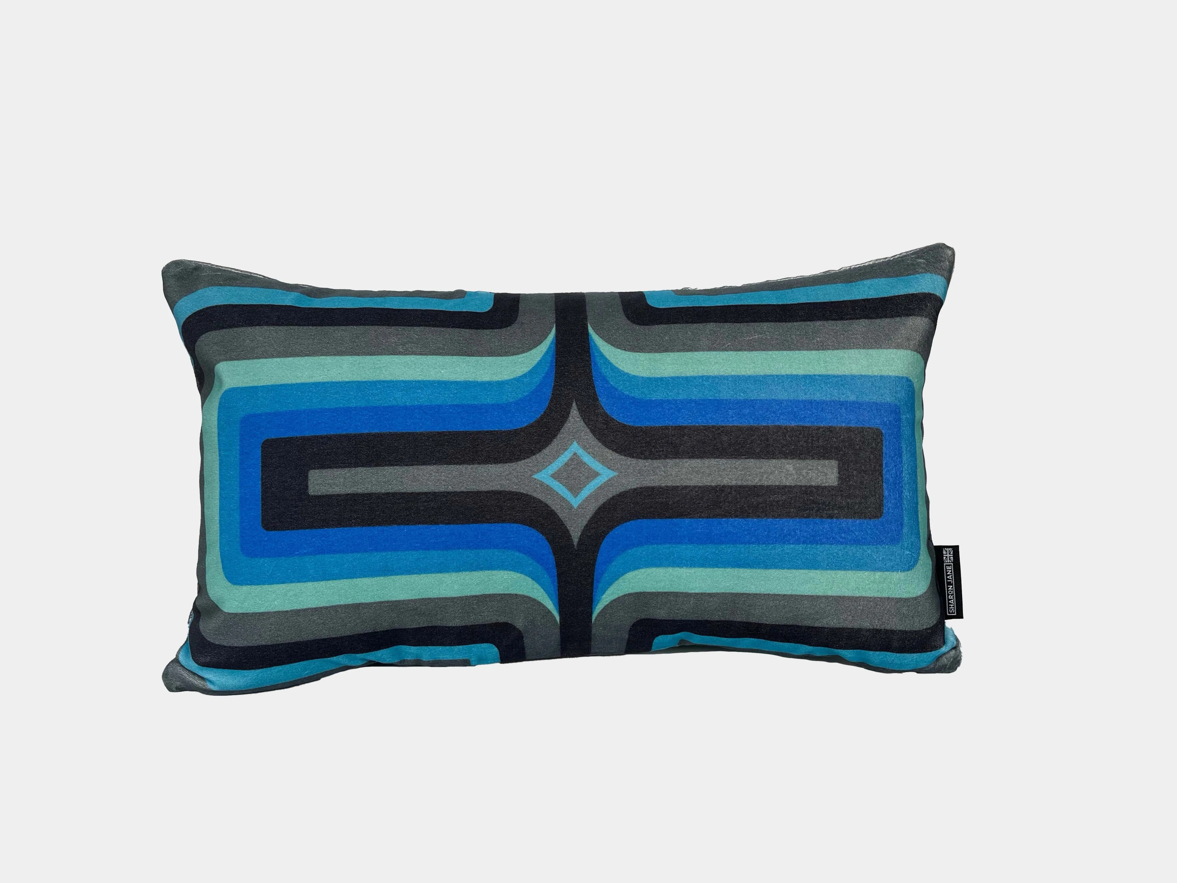 NEW - Retro Geometric Velvet Cushion - Cobalt   Grey