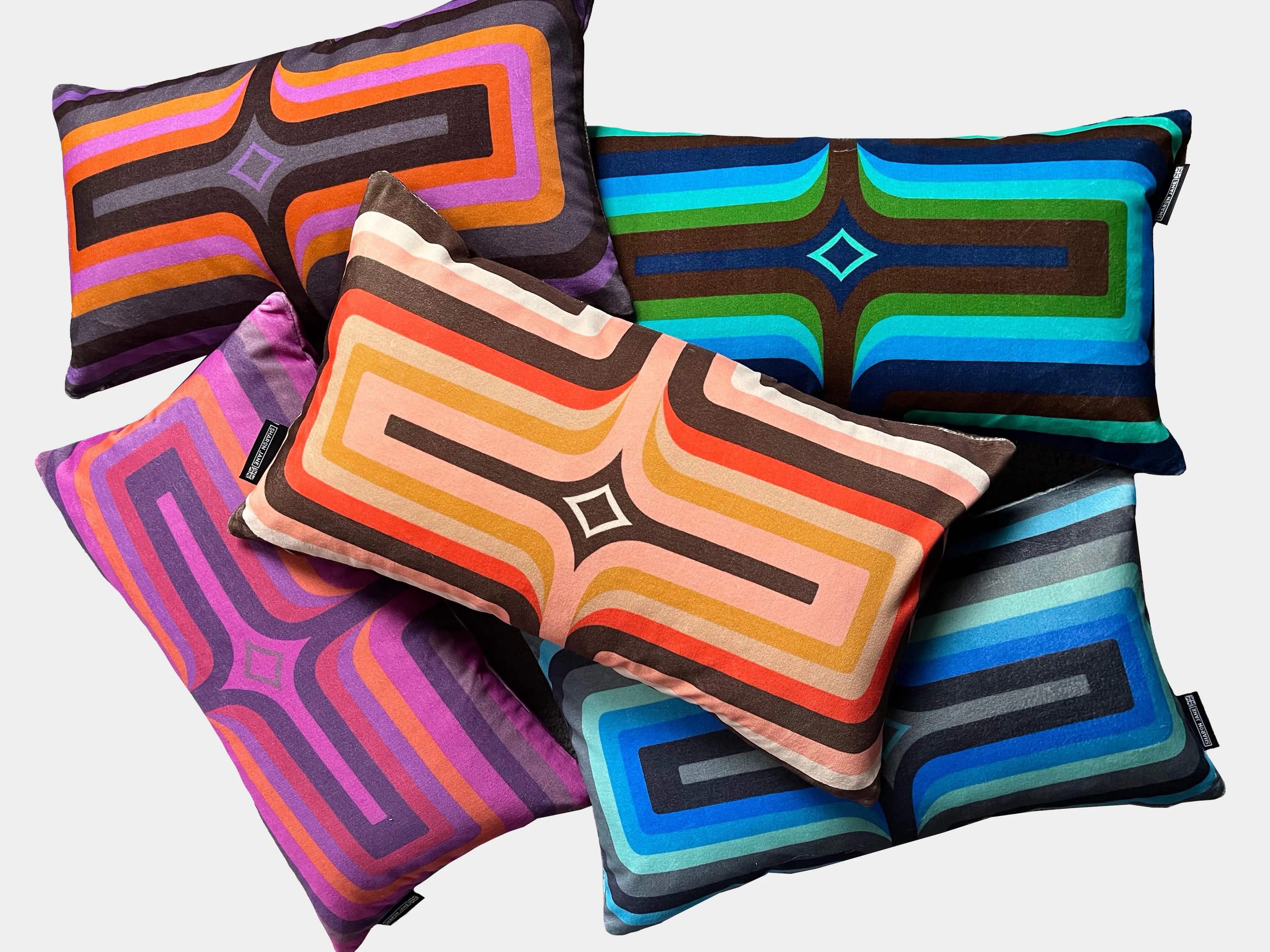 NEW - Retro Geometric Velvet Cushion - Cobalt   Grey