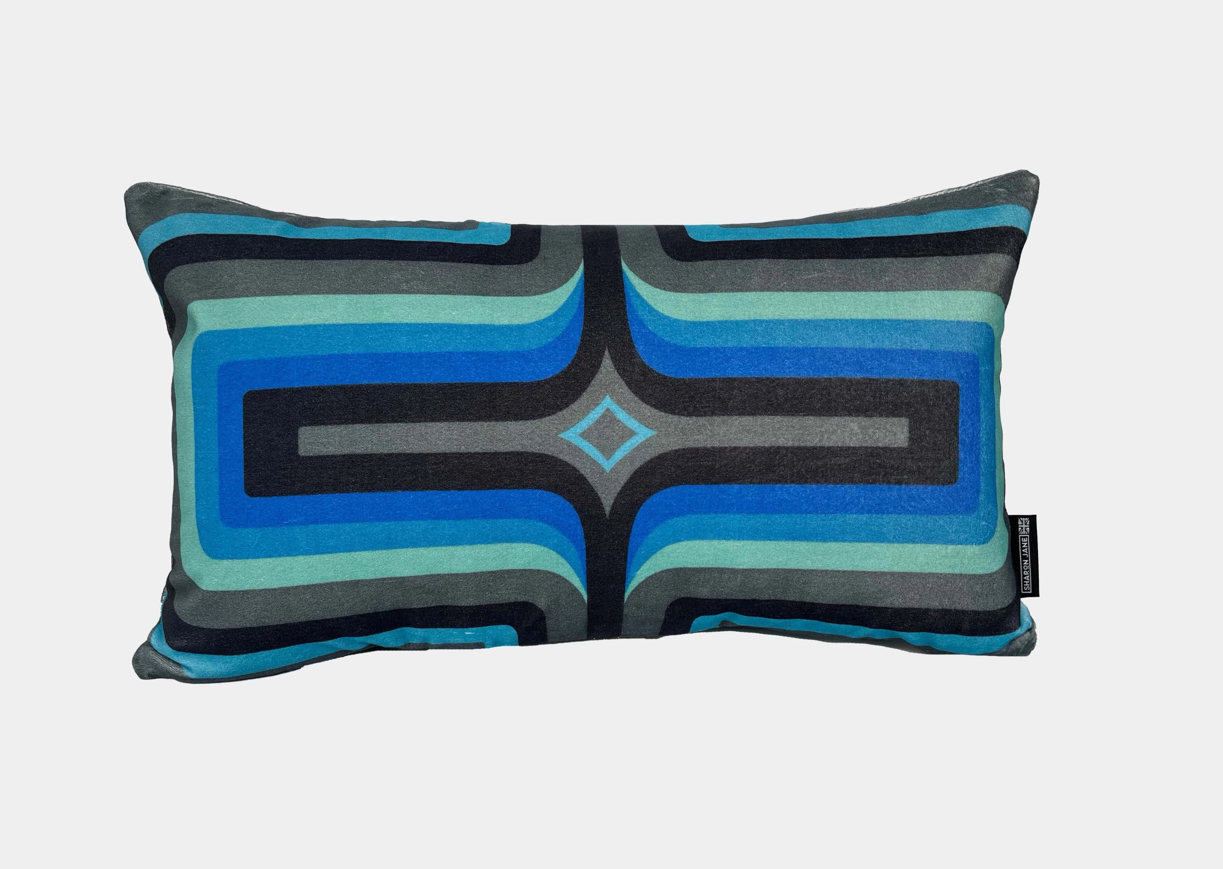 NEW - Retro Geometric Velvet Cushion - Cobalt   Grey