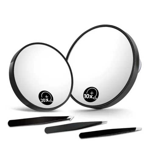 OMIRO 10X(300R)&20X(200R) Magnifying Mirrors and 3 Tweezers Set Combo, 4.5" & 3.5" Triple Suction Cups Round Spot Mirrrors
