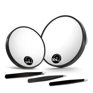 OMIRO 10X(300R)&20X(200R) Magnifying Mirrors and 3 Tweezers Set Combo, 4.5" & 3.5" Triple Suction Cups Round Spot Mirrrors