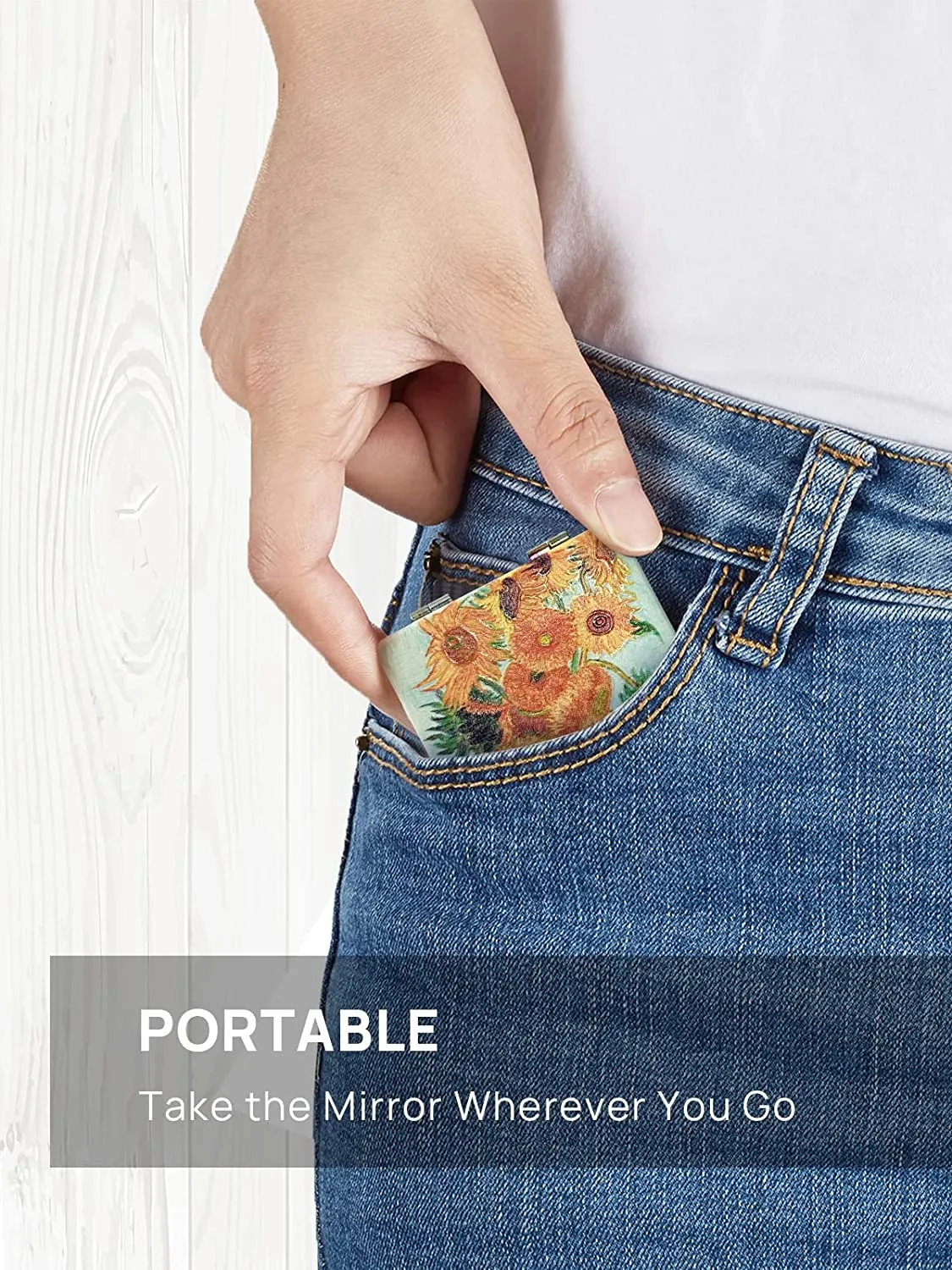 OMIRO 1X/3X Magnifying Mirror, Unique Painting Compact Mirror with Classical PU Leather (Sunflowers)