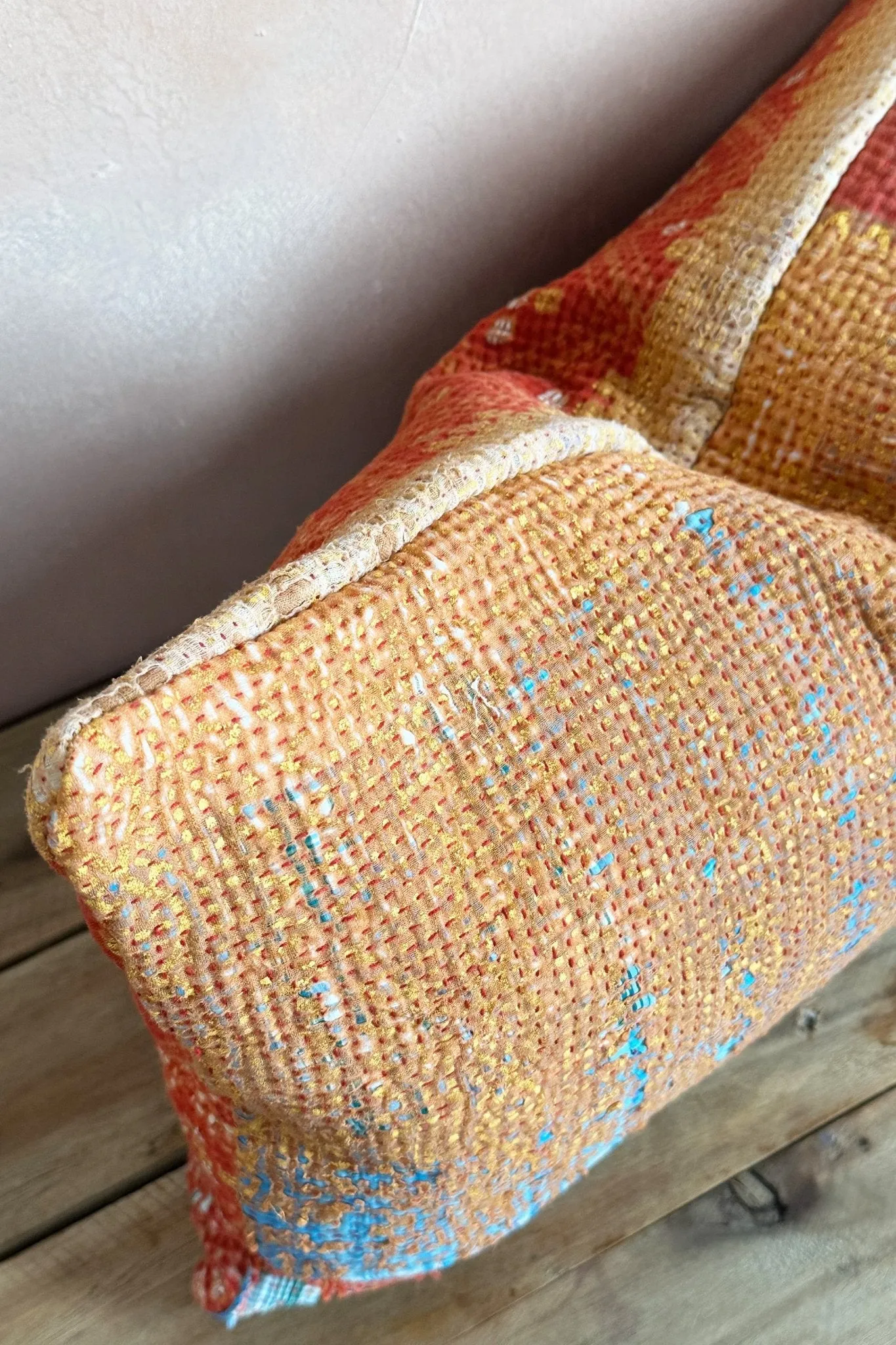 One-Off Rectangular Vintage Kantha Cushion In Orange And Gold