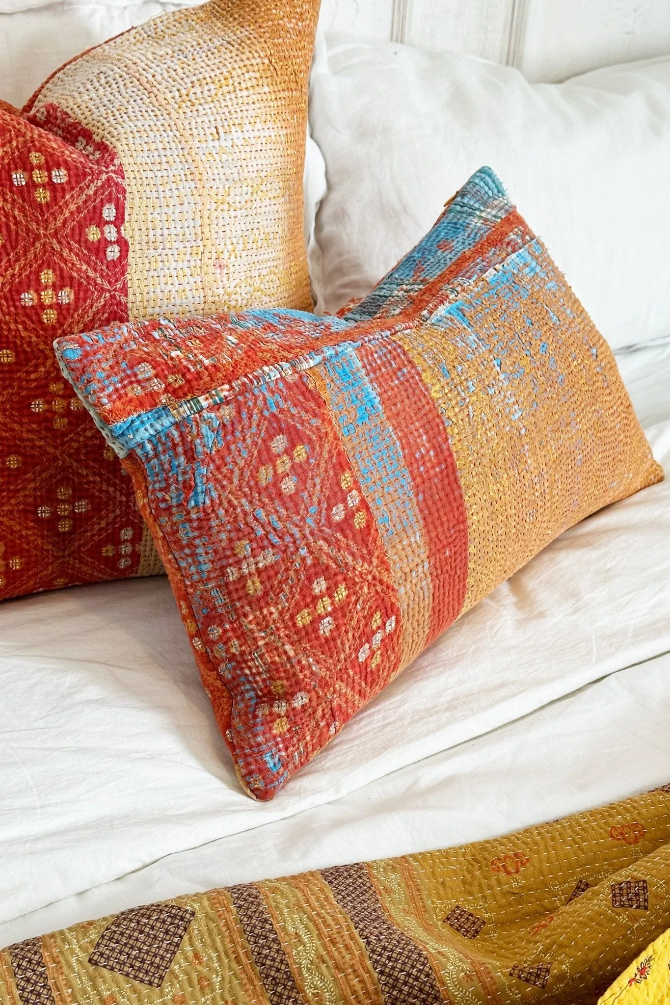 One-Off Rectangular Vintage Kantha Cushion In Orange And Gold