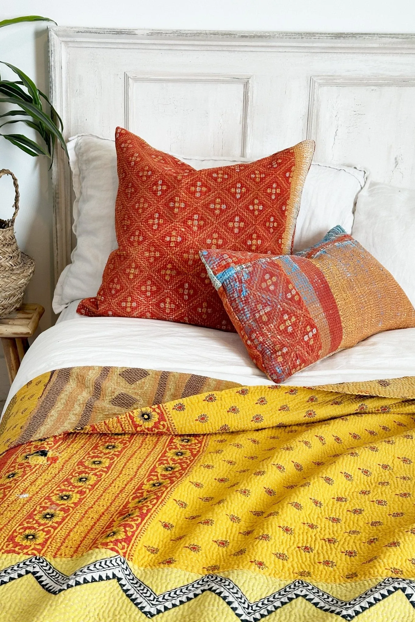 One-Off Rectangular Vintage Kantha Cushion In Orange And Gold