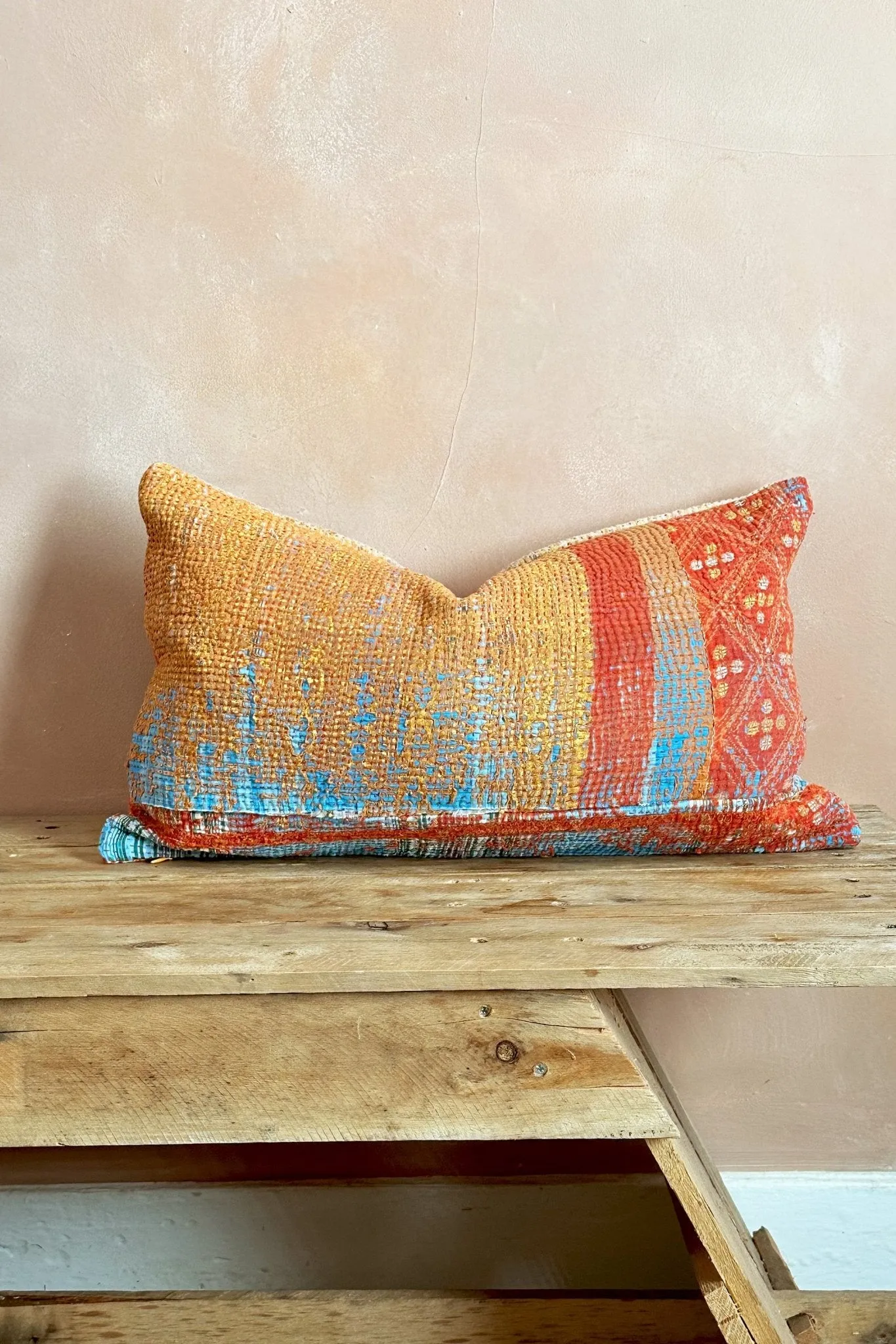 One-Off Rectangular Vintage Kantha Cushion In Orange And Gold