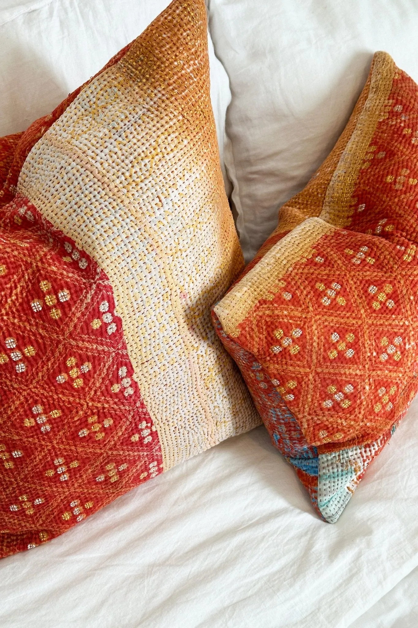 One-Off Rectangular Vintage Kantha Cushion In Orange And Gold
