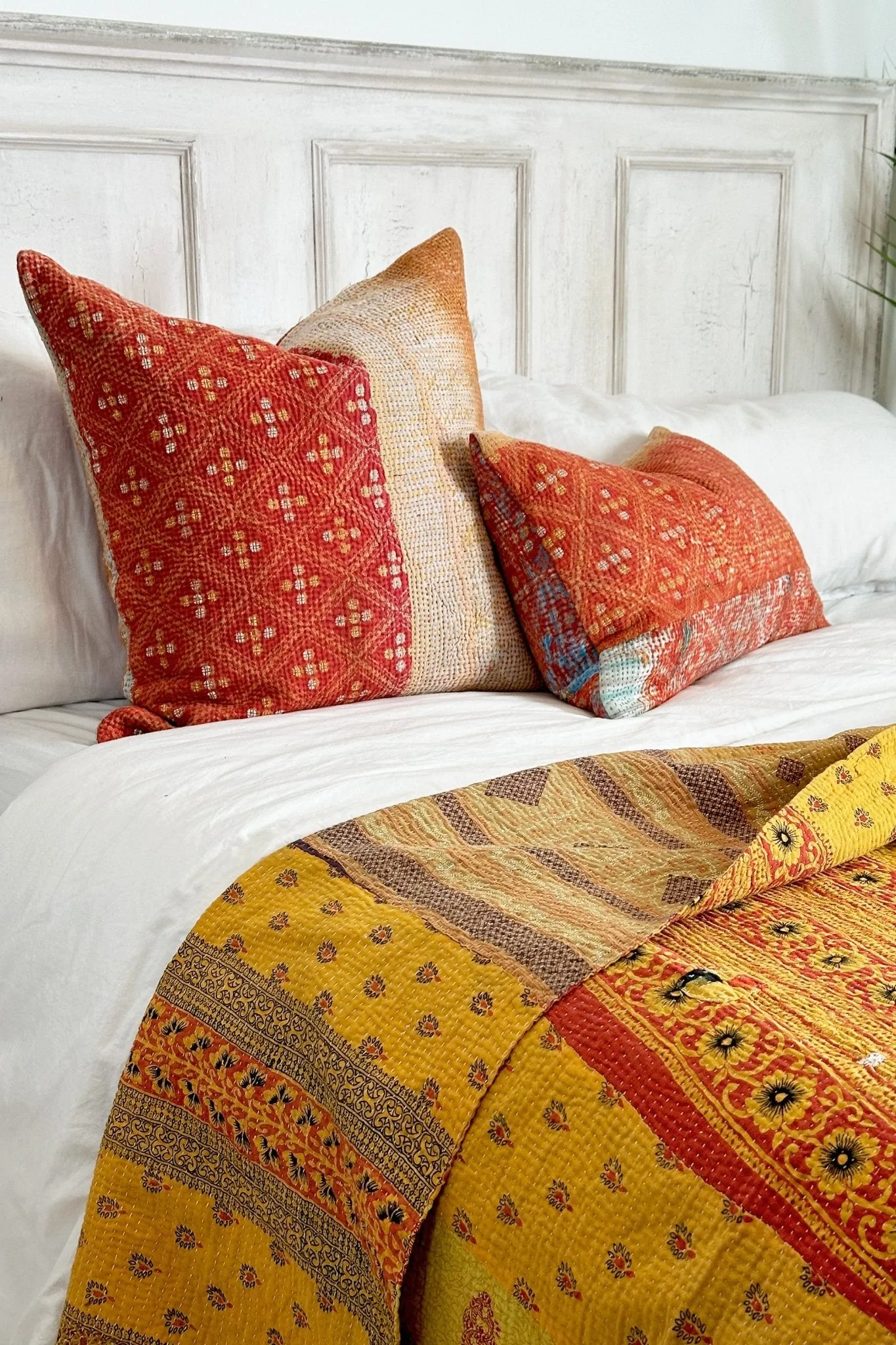 One-Off Rectangular Vintage Kantha Cushion In Orange And Gold