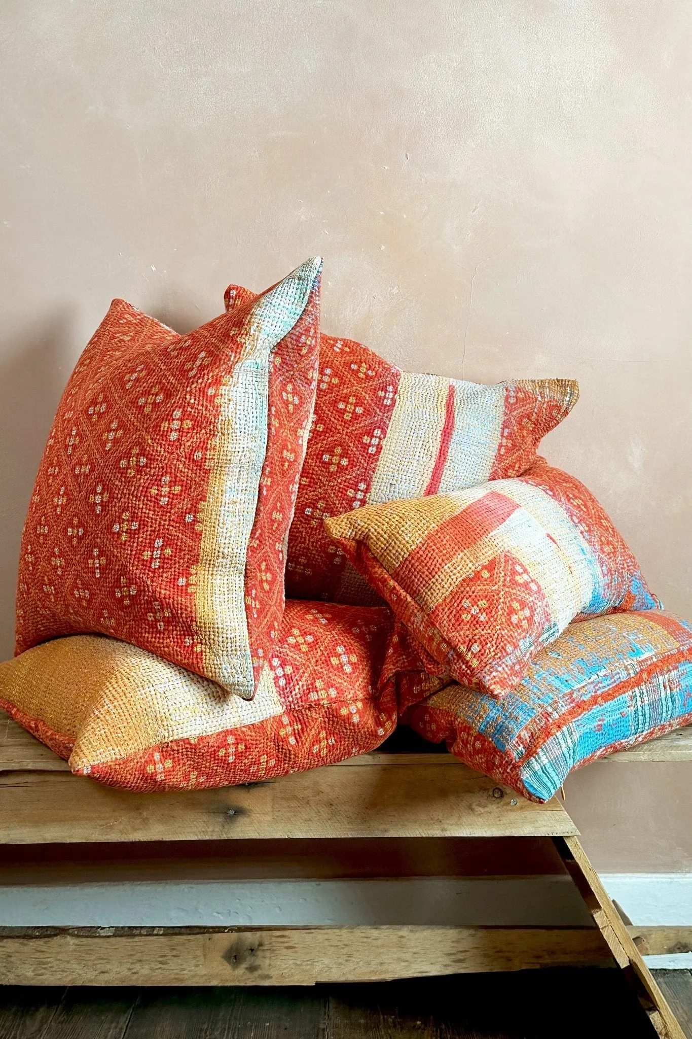 One-Off Rectangular Vintage Kantha Cushion In Orange And Gold