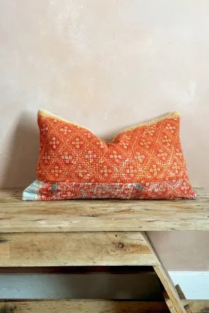 One-Off Rectangular Vintage Kantha Cushion In Orange And Gold