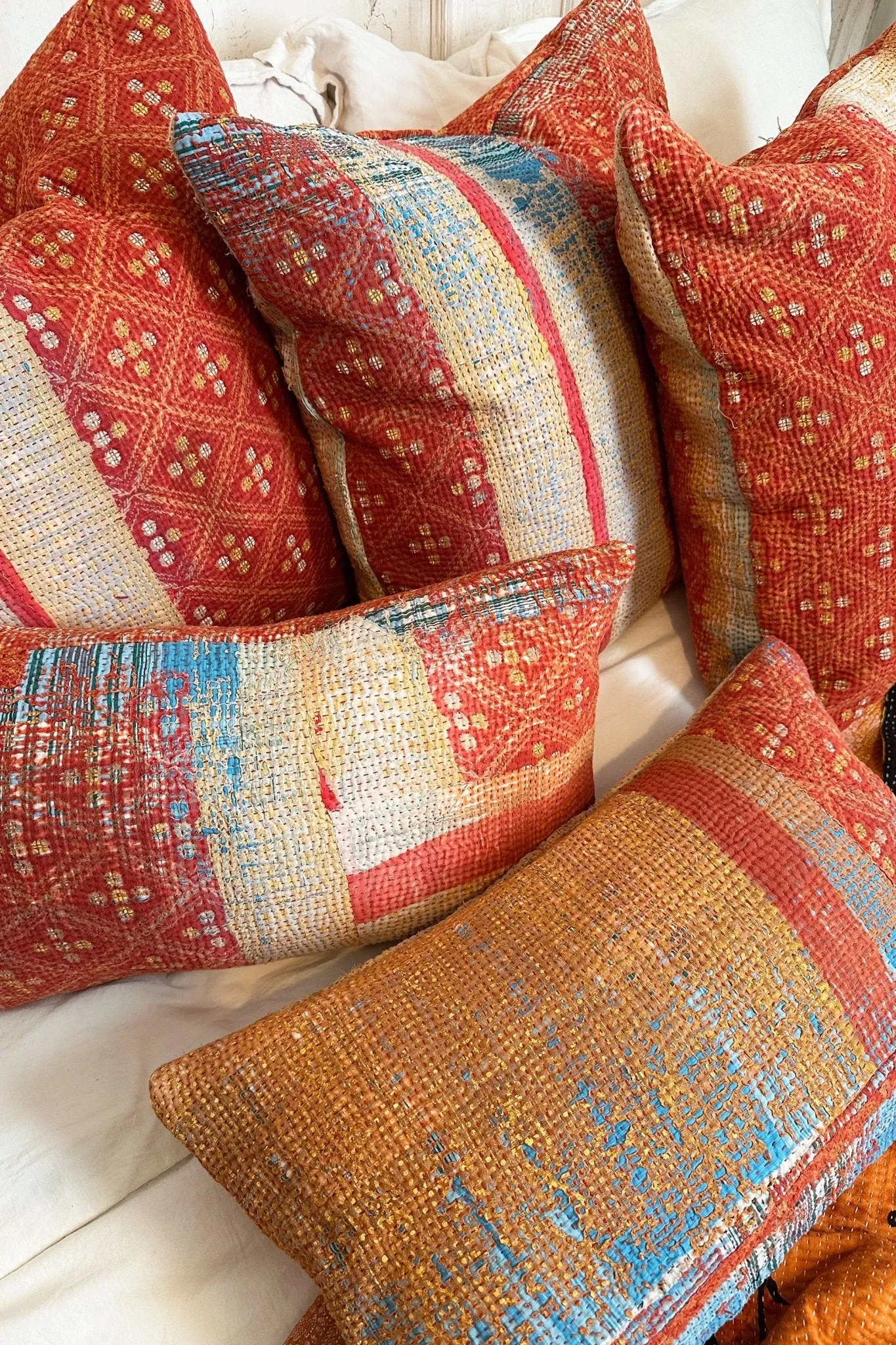 One-Off Rectangular Vintage Kantha Cushion In Orange And Gold