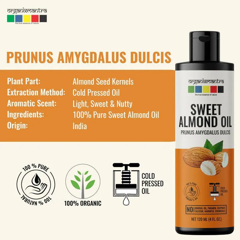 Organix Mantra Sweet Almond Oil for Hair, Body & Face Nourishment 100% Pure, Natural & Cold Pressed Organic Oil, 120ML
