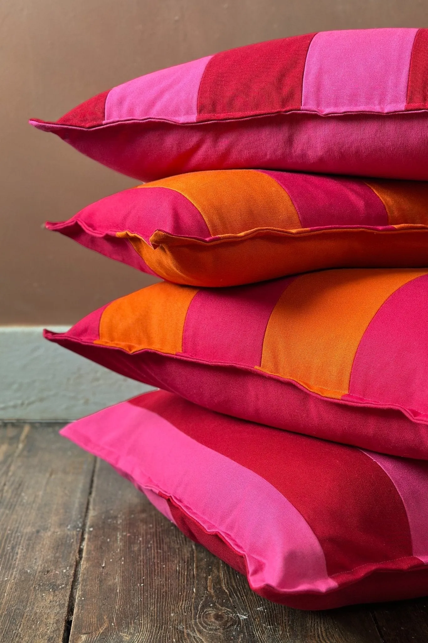 Pink and Orange Candy Striped Cotton Rectangular Cushion