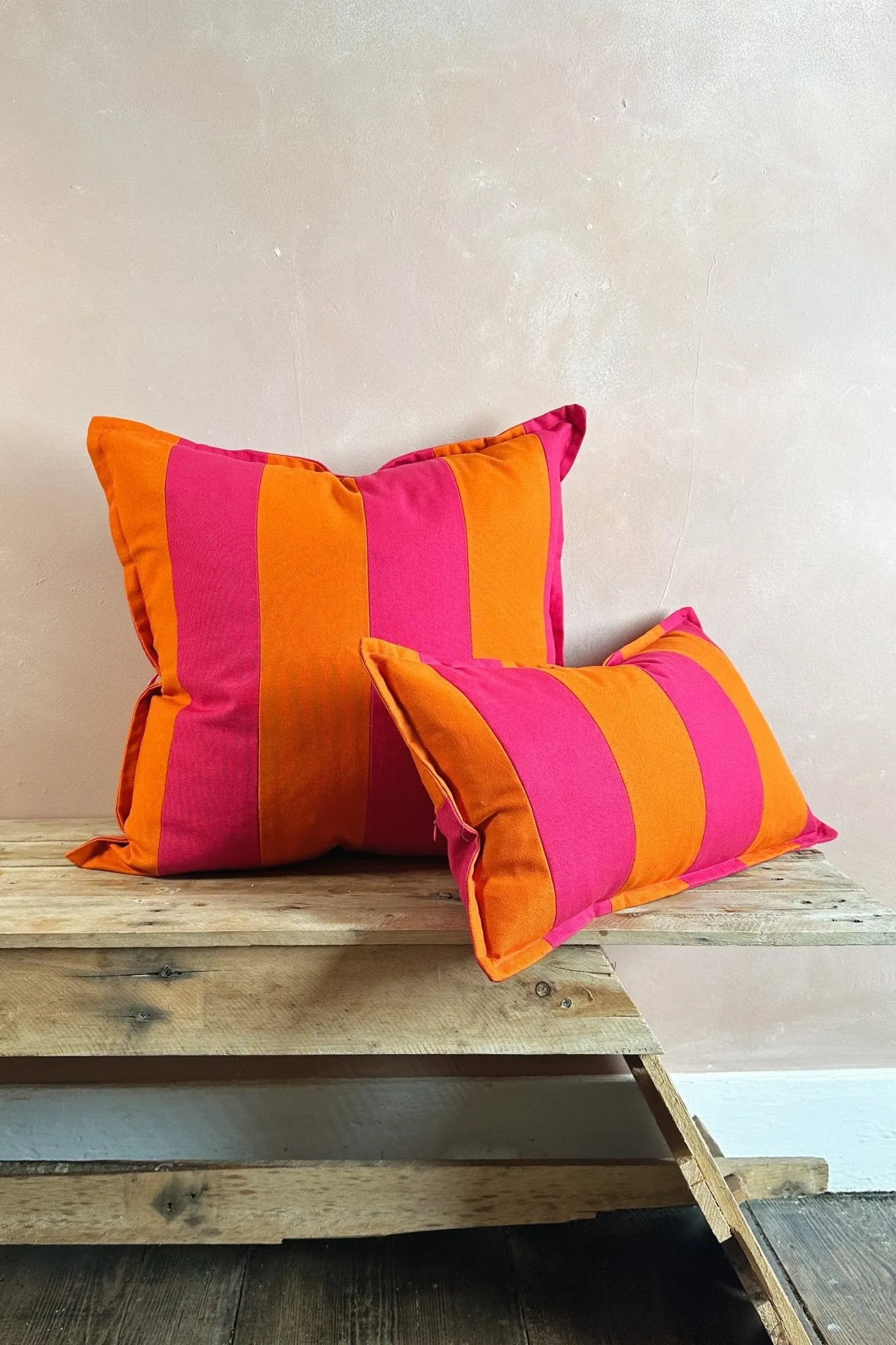 Pink and Orange Candy Striped Cotton Rectangular Cushion