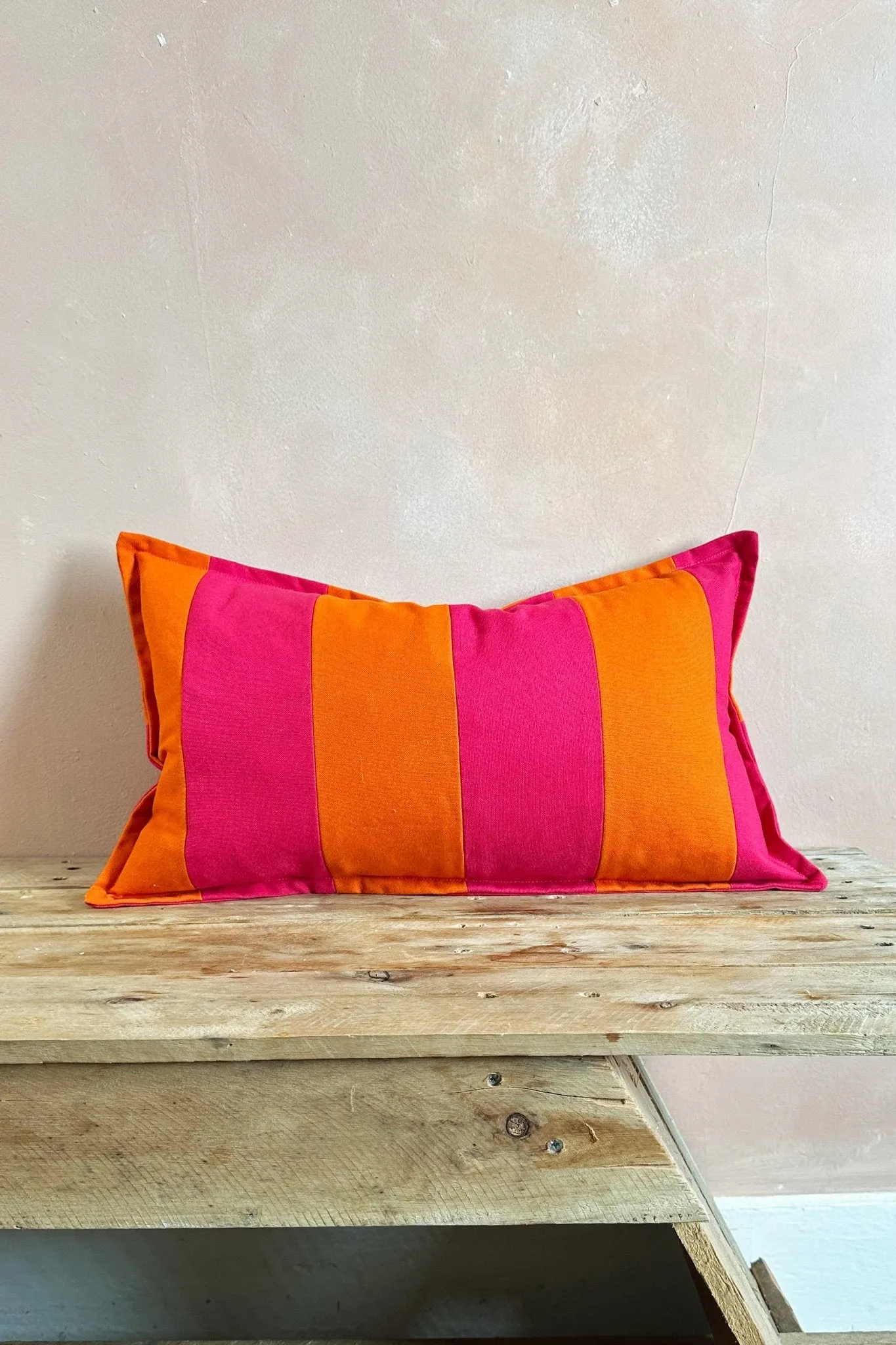Pink and Orange Candy Striped Cotton Rectangular Cushion