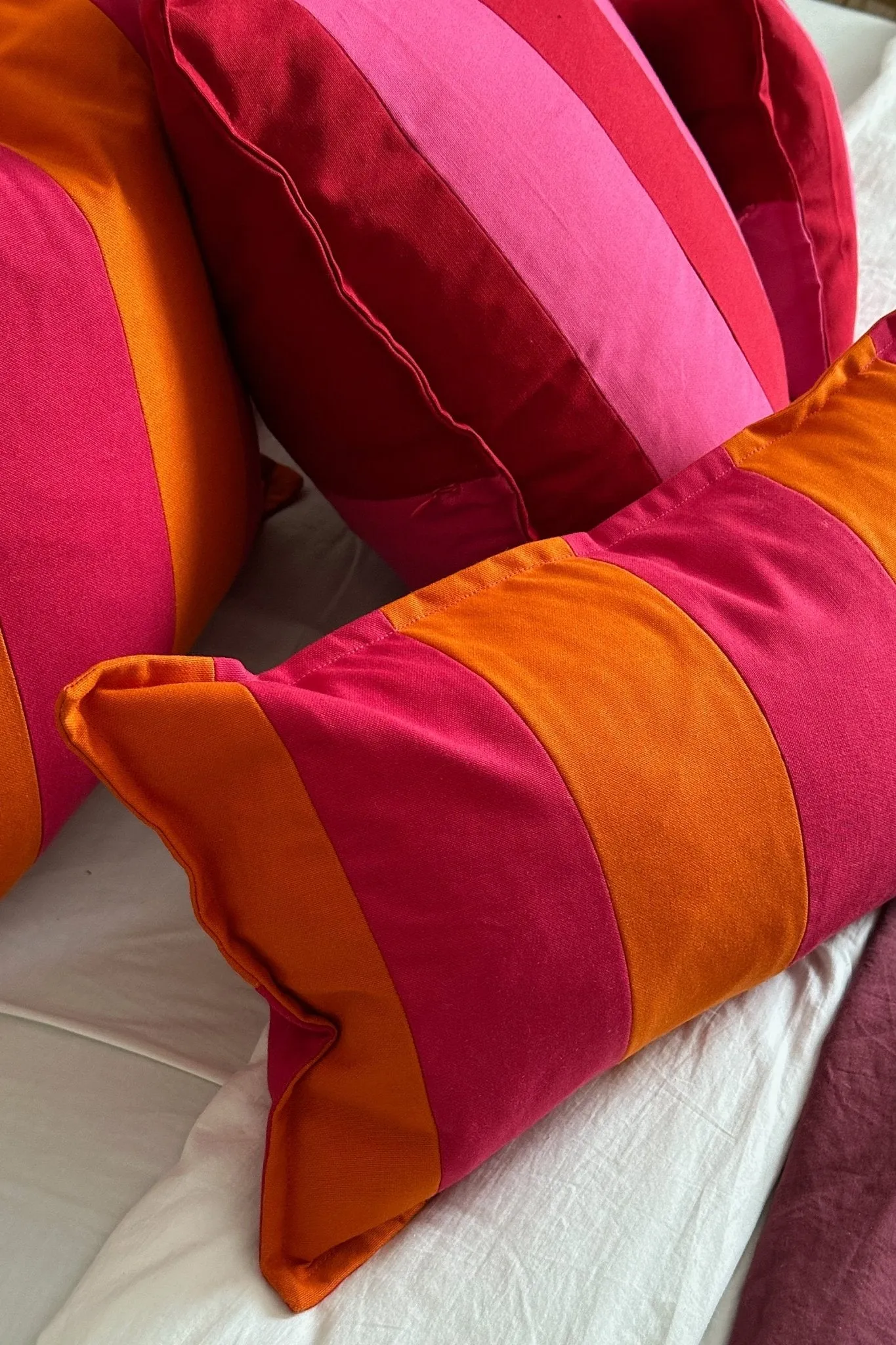 Pink and Orange Candy Striped Cotton Rectangular Cushion