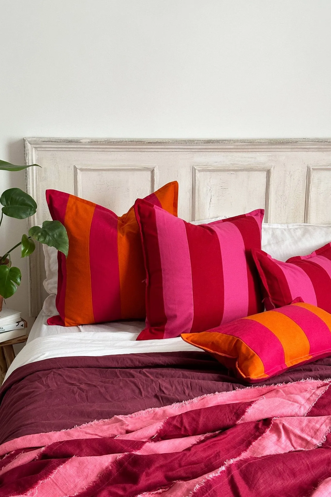 Pink and Orange Candy Striped Cotton Rectangular Cushion