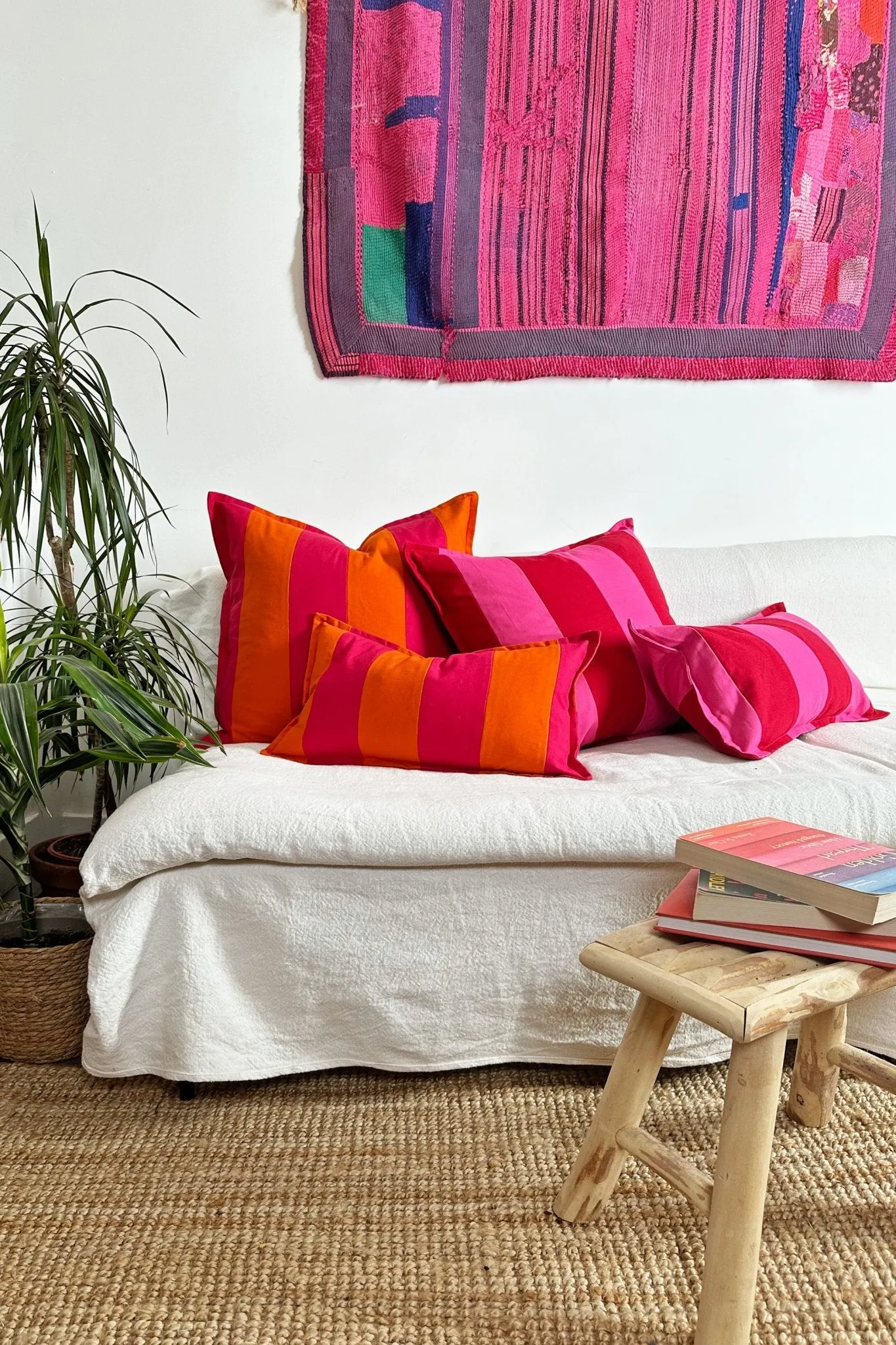 Pink and Orange Candy Striped Cotton Rectangular Cushion