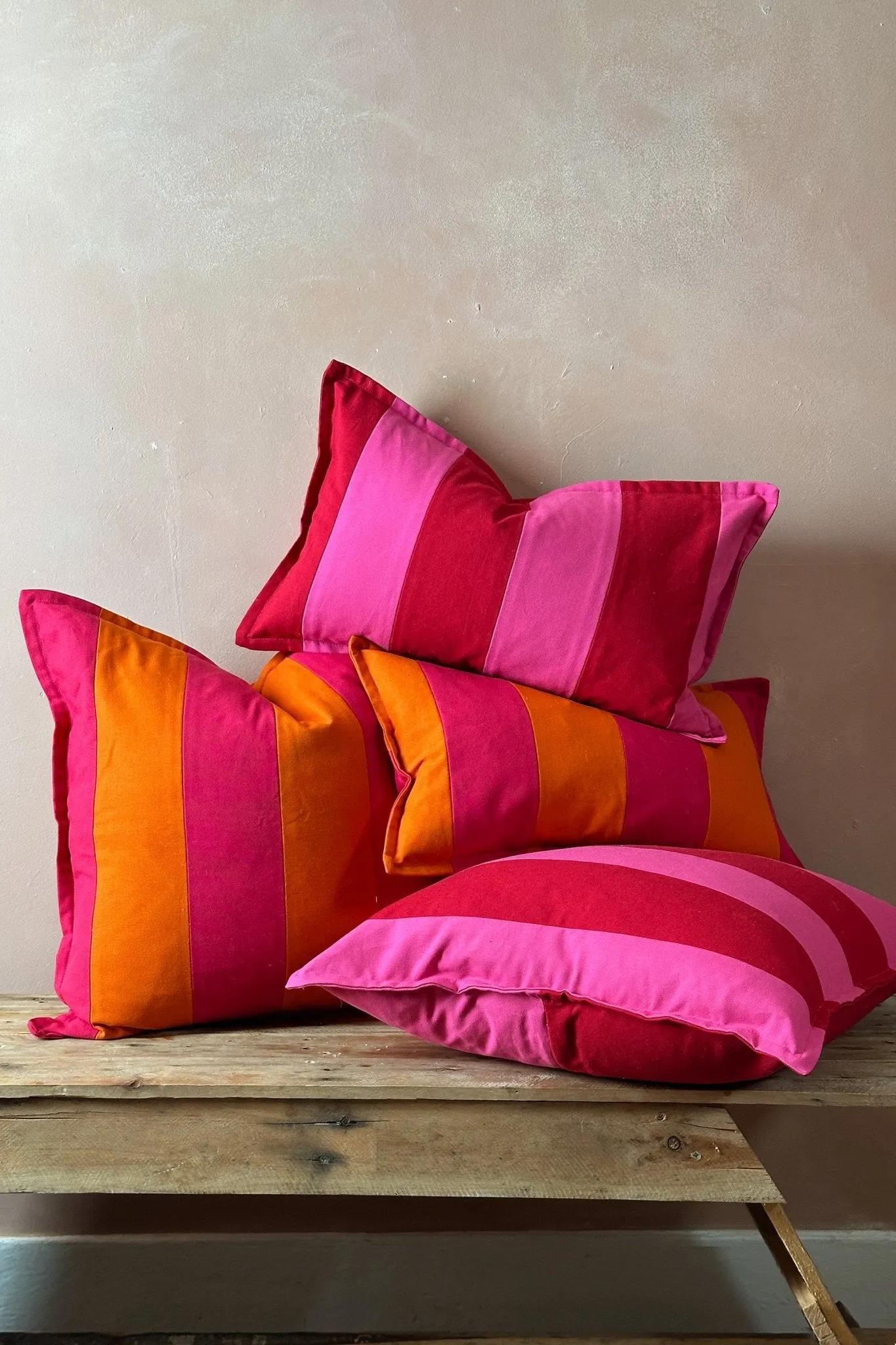 Pink and Orange Candy Striped Cotton Rectangular Cushion