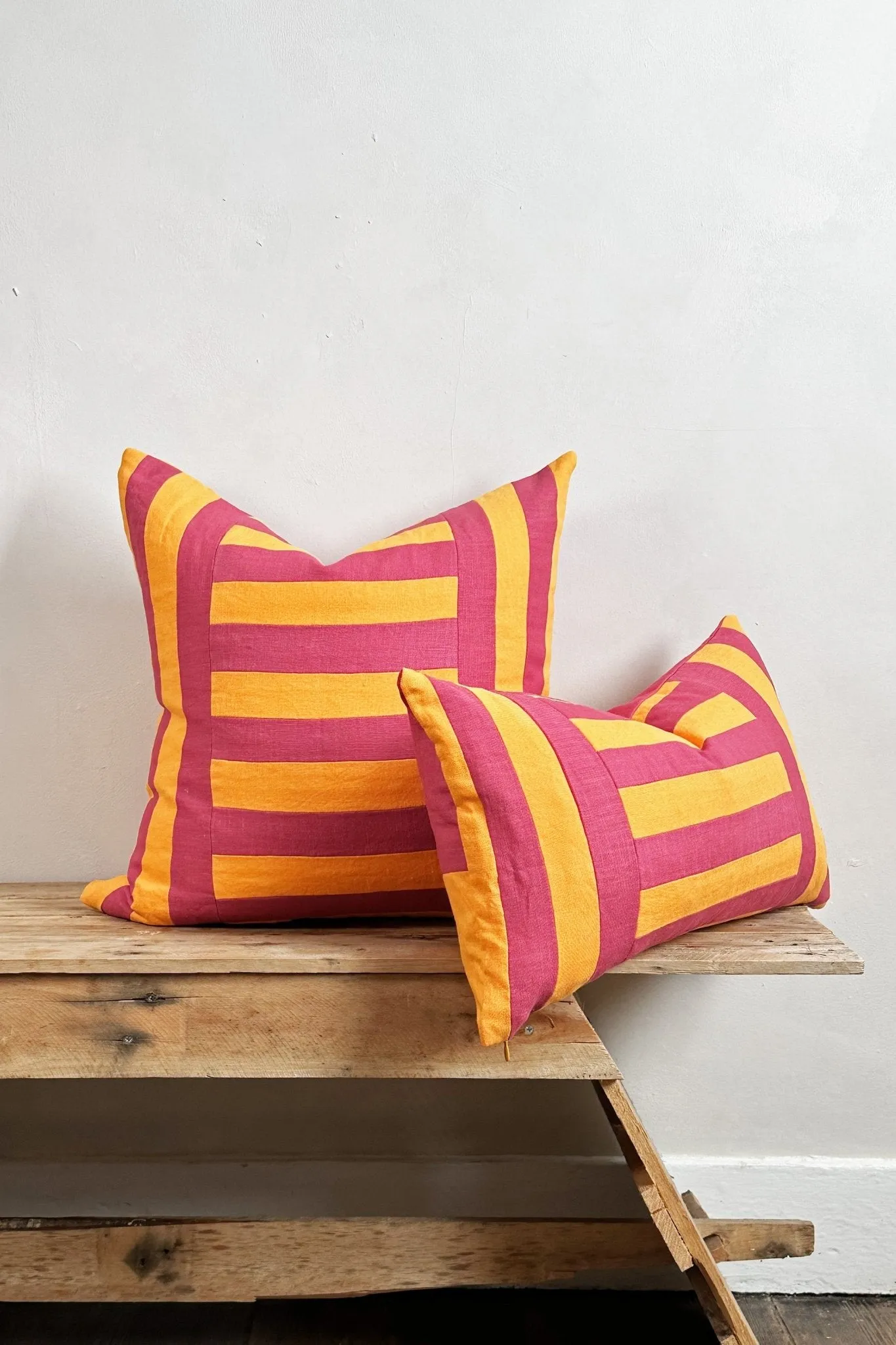 Pink and Orange Linen Geometric Patchwork Rectangular Cushion
