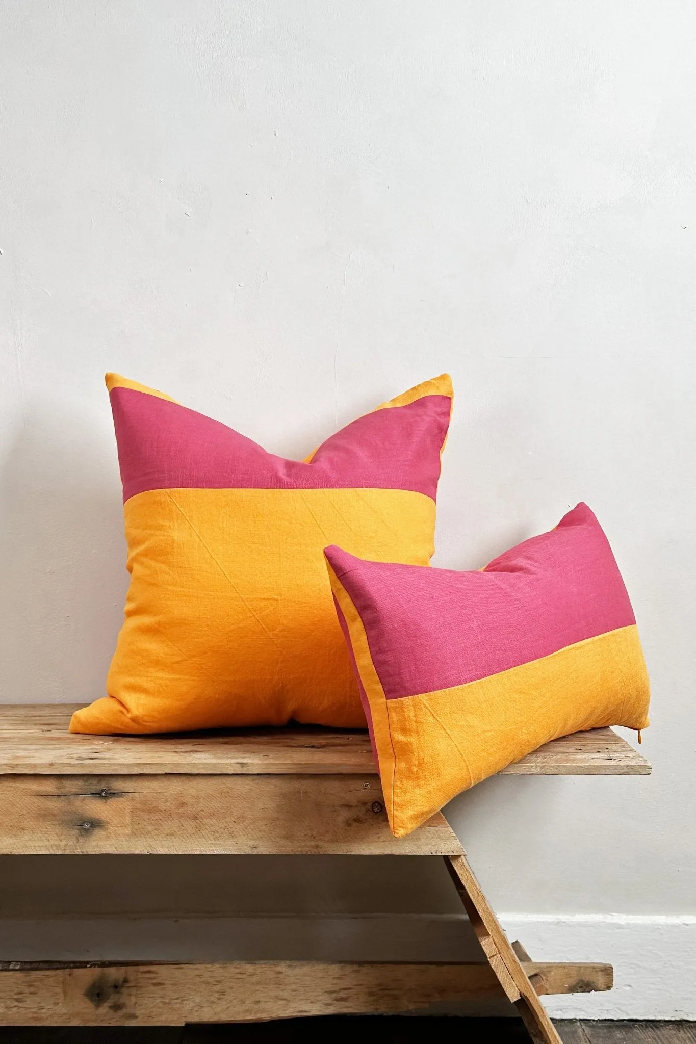 Pink and Orange Linen Geometric Patchwork Rectangular Cushion