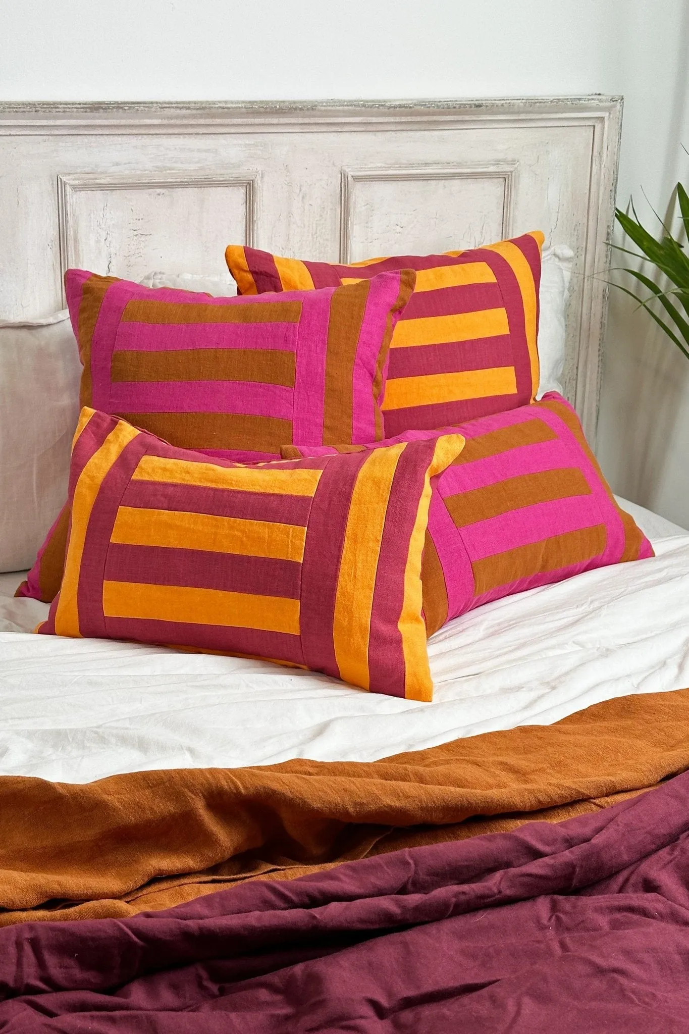Pink and Orange Linen Geometric Patchwork Rectangular Cushion