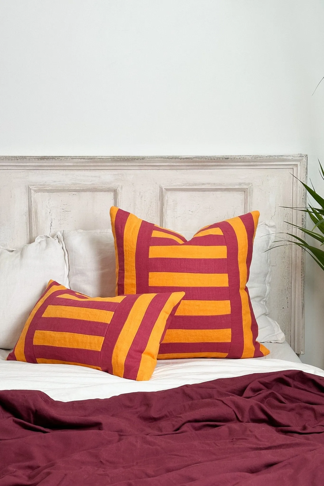 Pink and Orange Linen Geometric Patchwork Rectangular Cushion