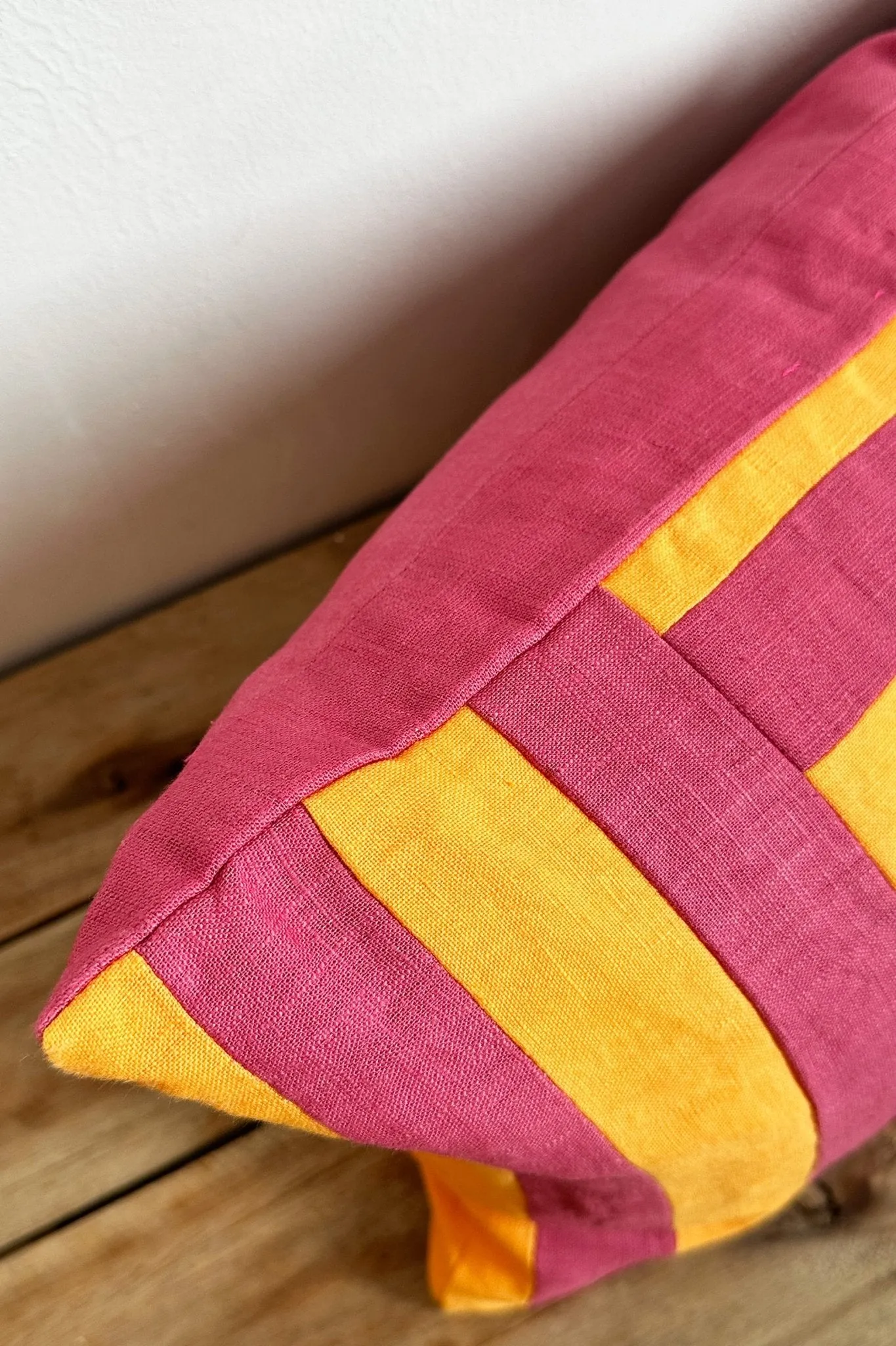 Pink and Orange Linen Geometric Patchwork Rectangular Cushion