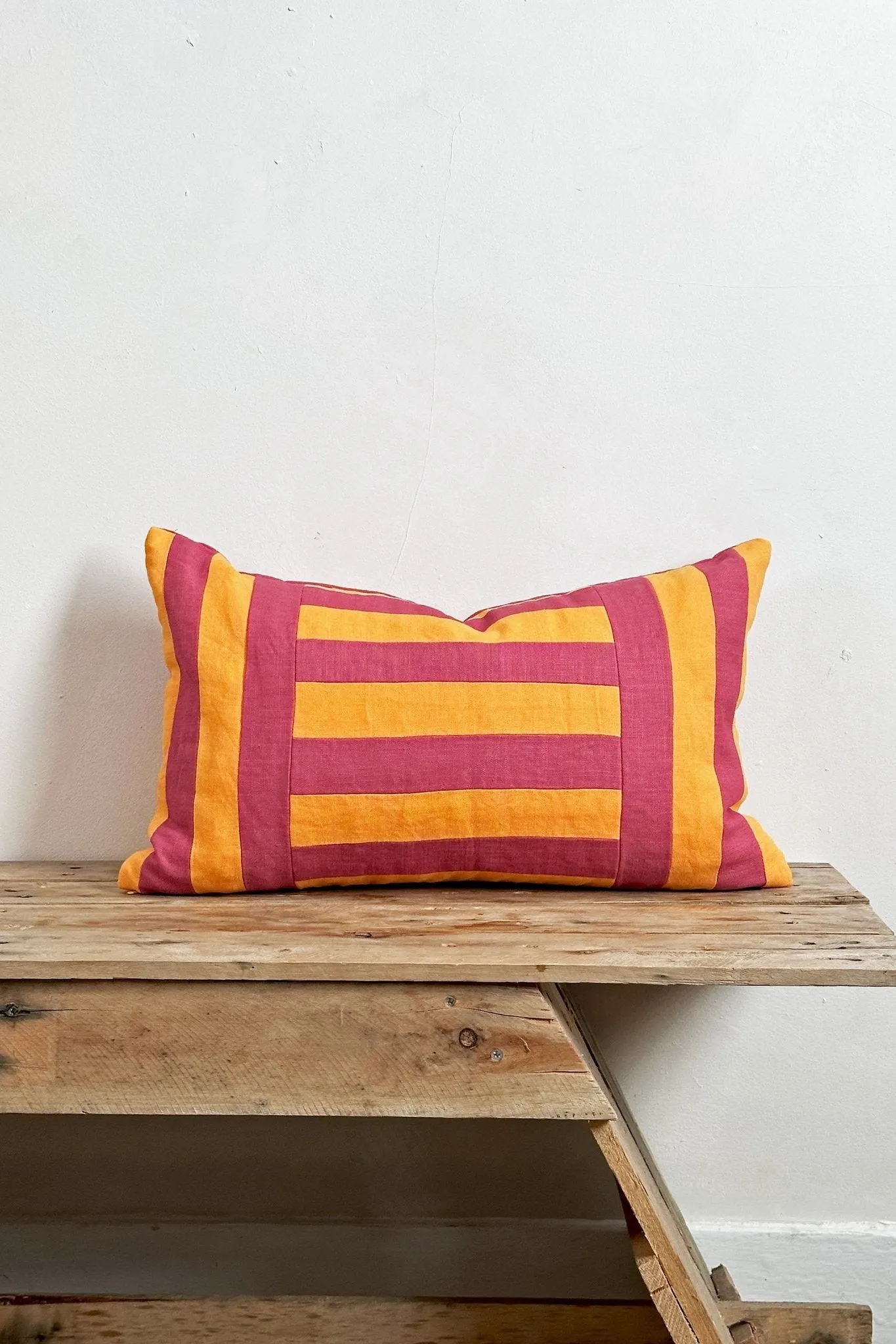 Pink and Orange Linen Geometric Patchwork Rectangular Cushion