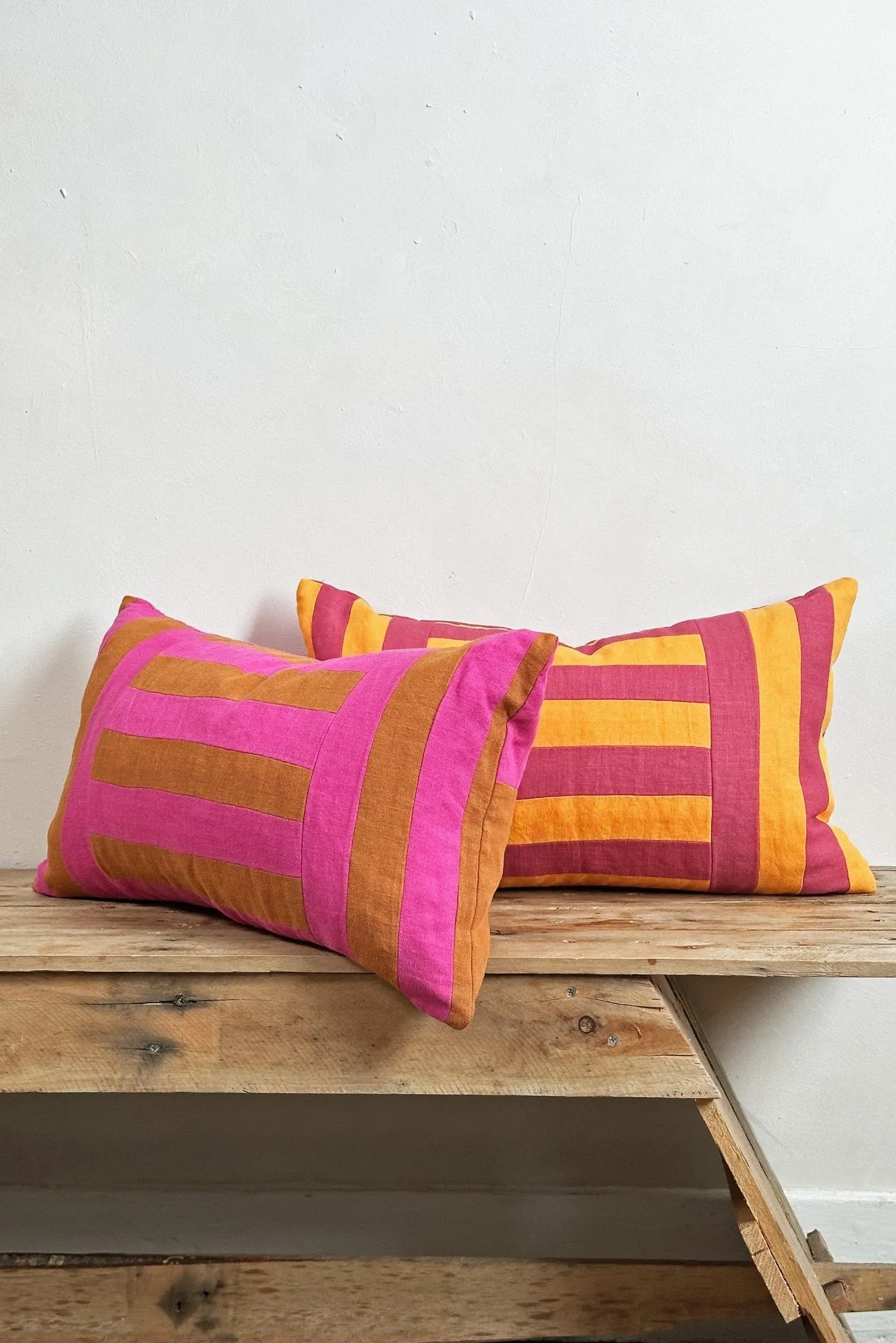 Pink and Orange Linen Geometric Patchwork Rectangular Cushion