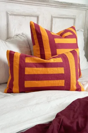 Pink and Orange Linen Geometric Patchwork Rectangular Cushion