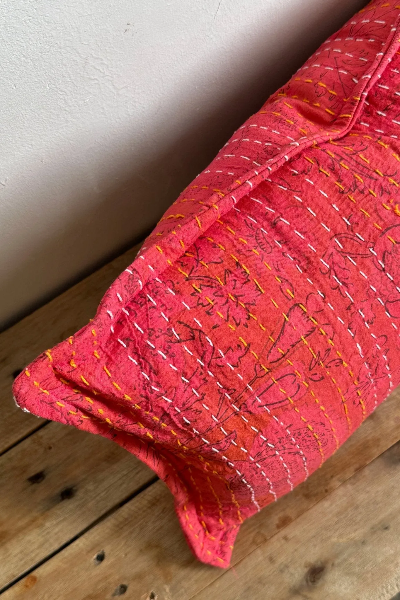 Pink Floral Block Printed Hand Stitched Rectangular Kantha Cushion