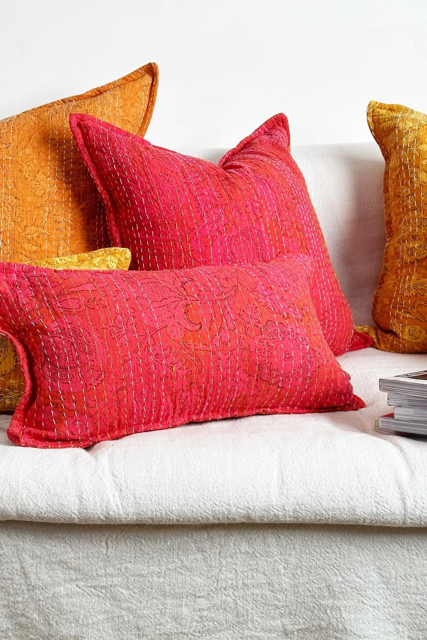 Pink Floral Block Printed Hand Stitched Rectangular Kantha Cushion