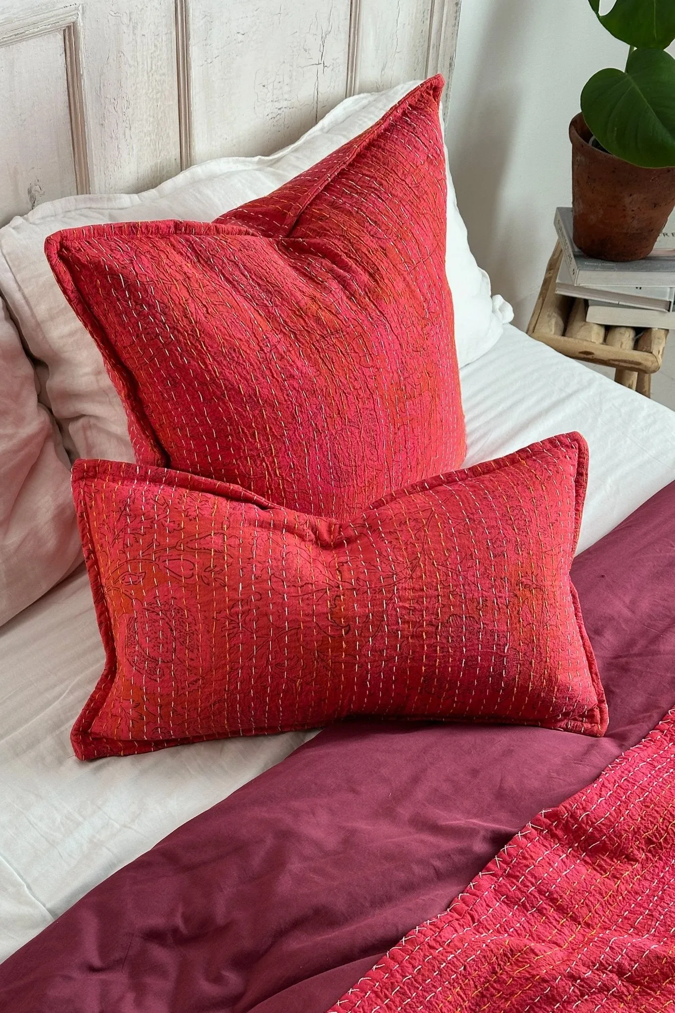 Pink Floral Block Printed Hand Stitched Rectangular Kantha Cushion