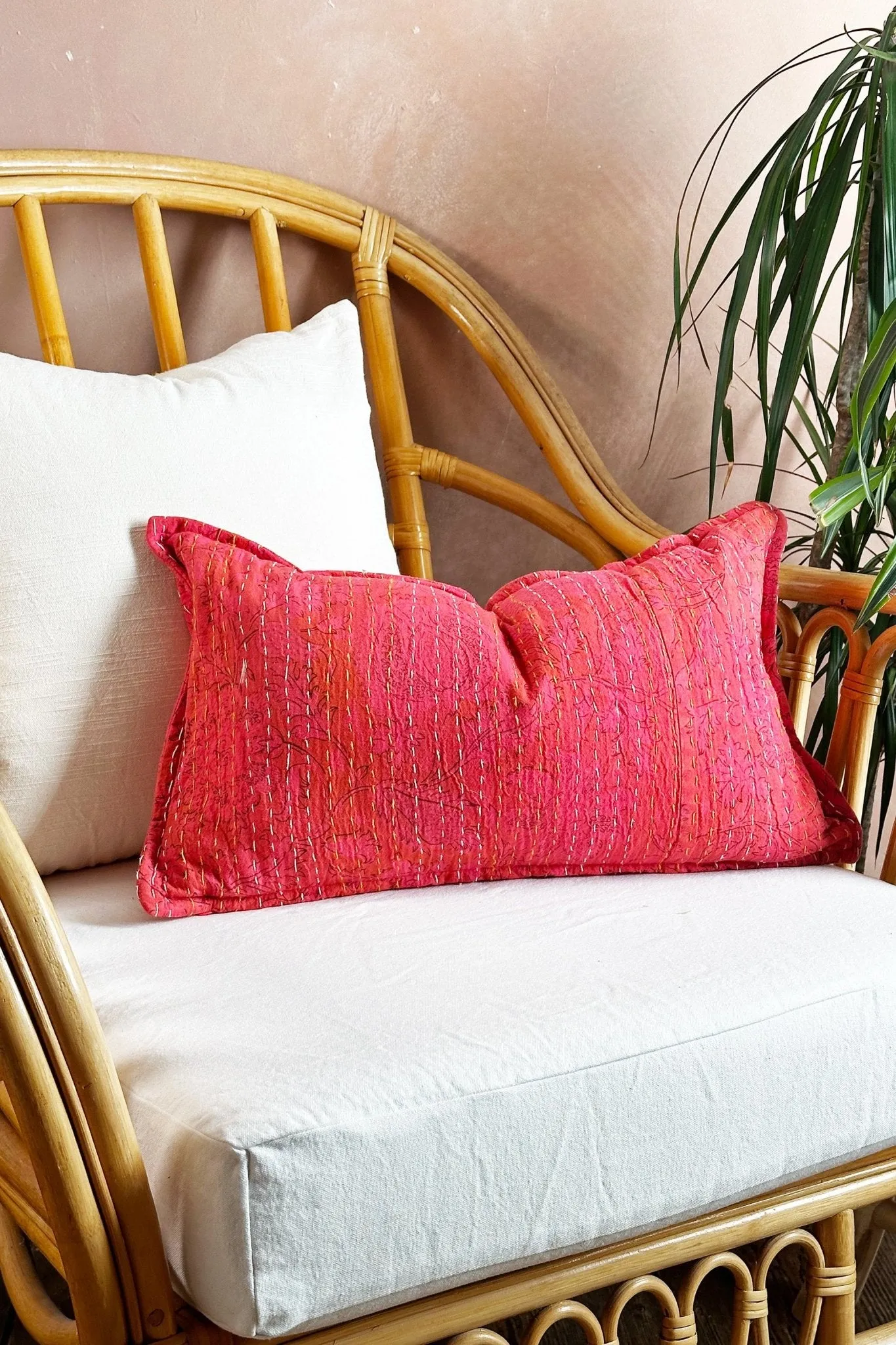 Pink Floral Block Printed Hand Stitched Rectangular Kantha Cushion