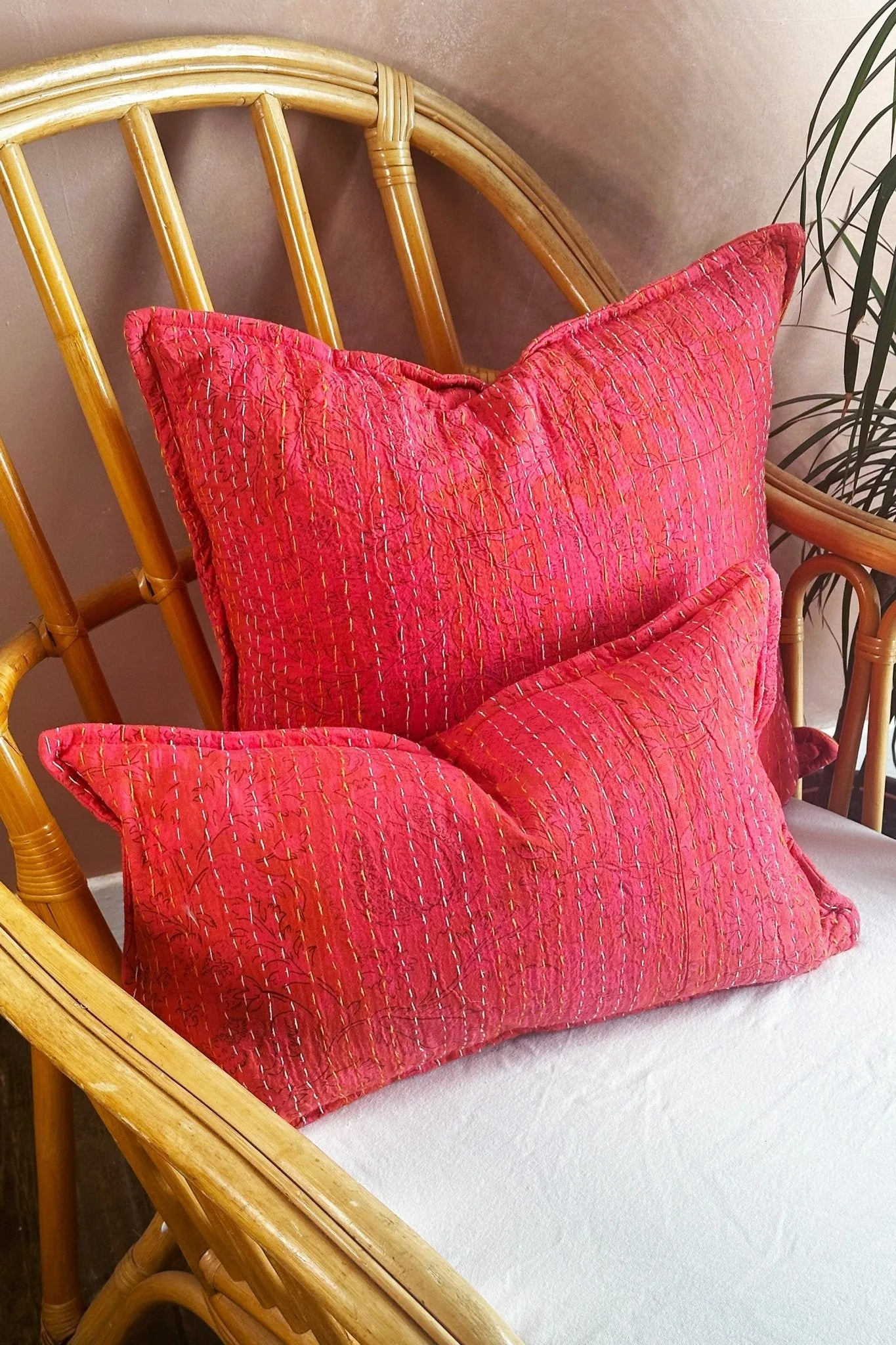 Pink Floral Block Printed Hand Stitched Rectangular Kantha Cushion