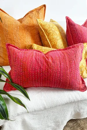 Pink Floral Block Printed Hand Stitched Rectangular Kantha Cushion