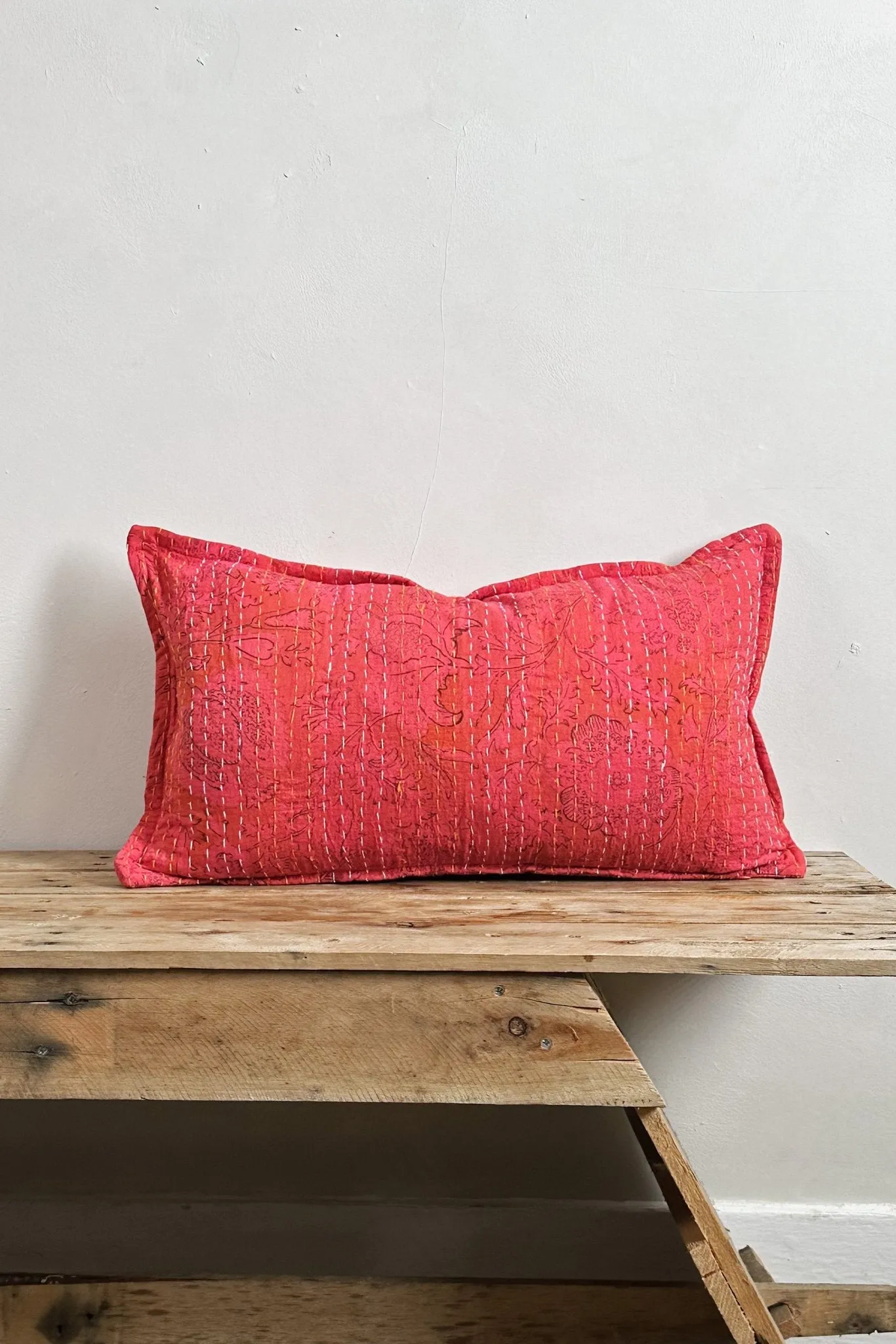 Pink Floral Block Printed Hand Stitched Rectangular Kantha Cushion