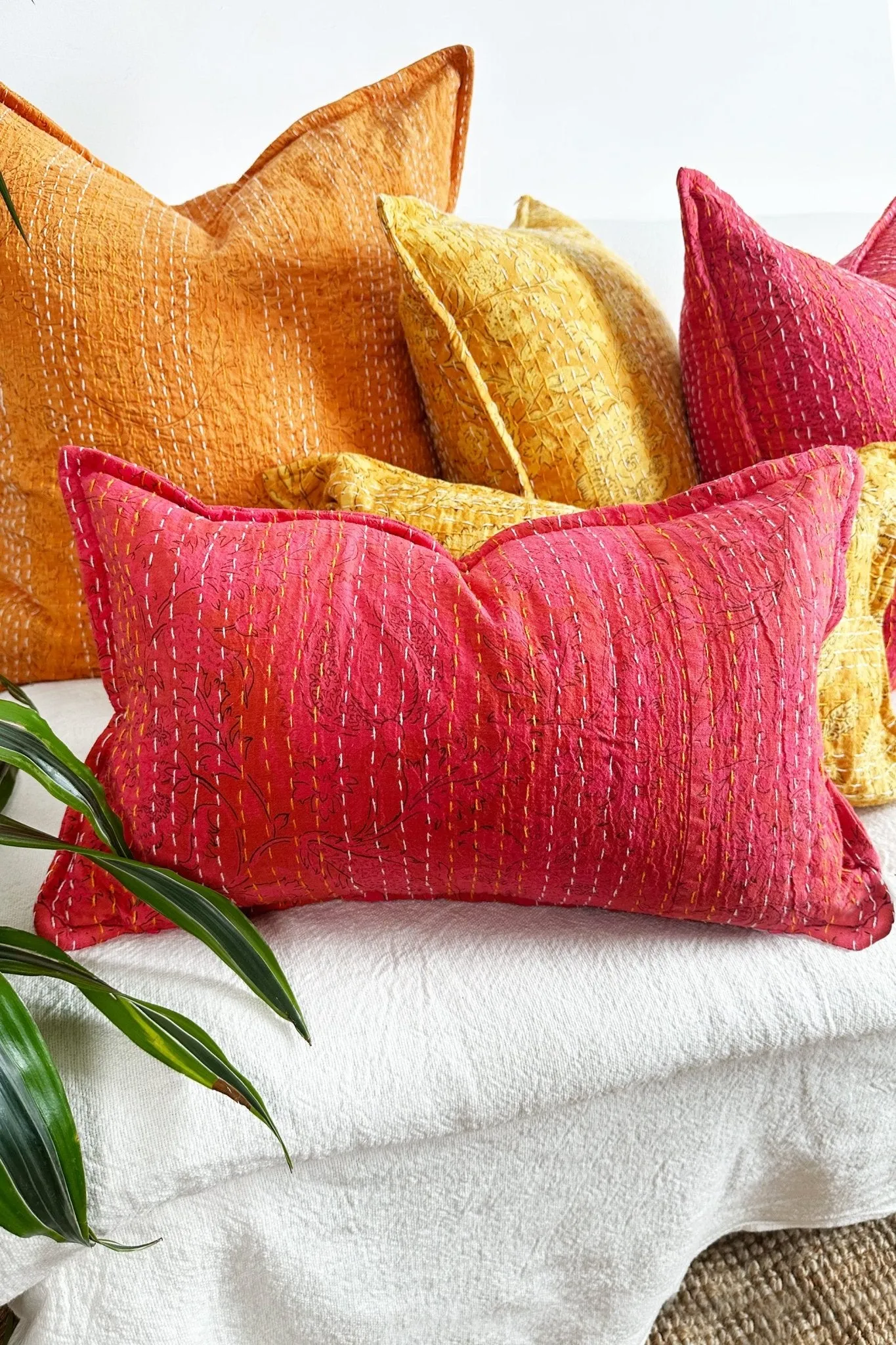 Pink Floral Block Printed Hand Stitched Rectangular Kantha Cushion