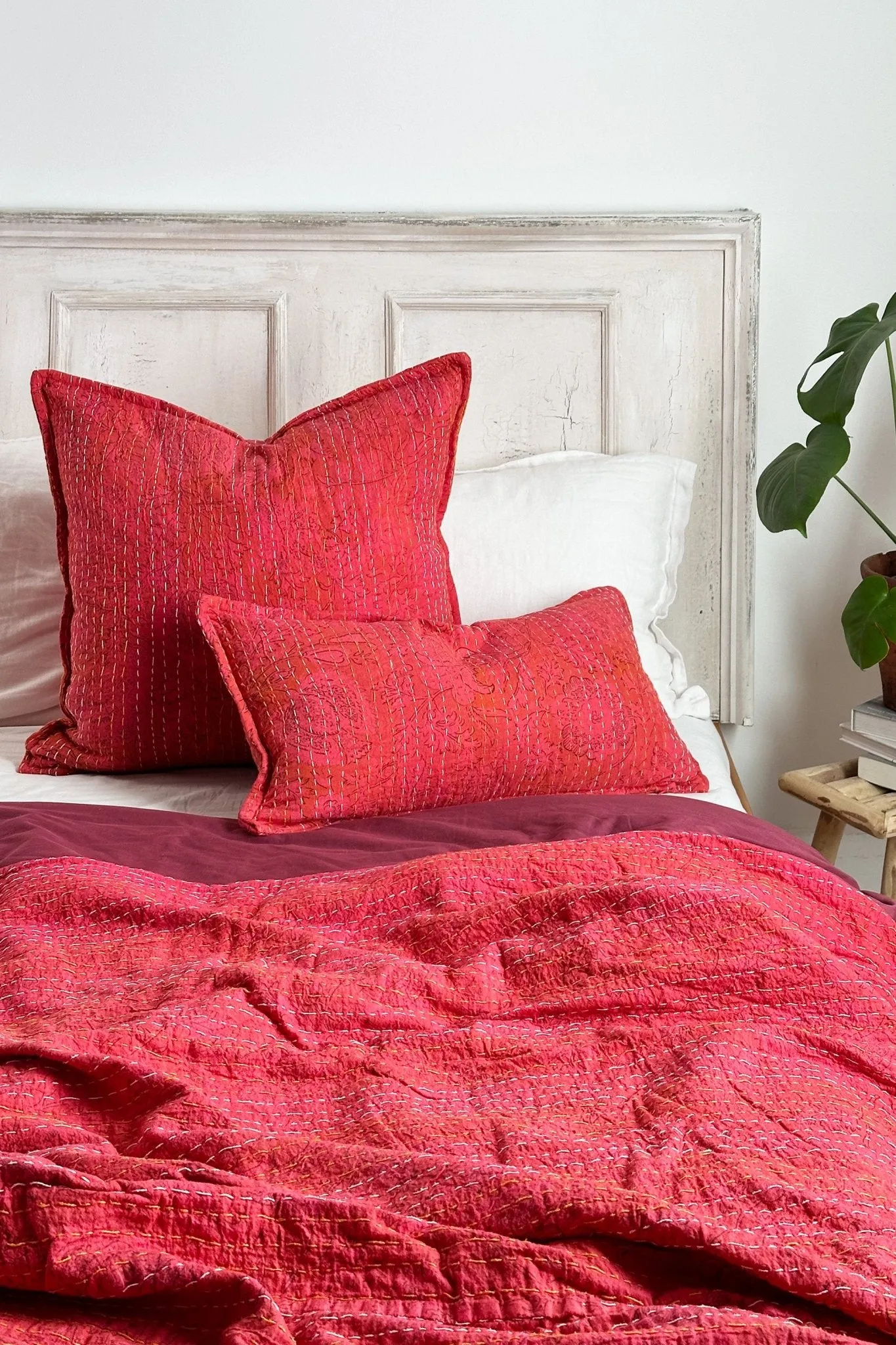Pink Floral Block Printed Hand Stitched Rectangular Kantha Cushion