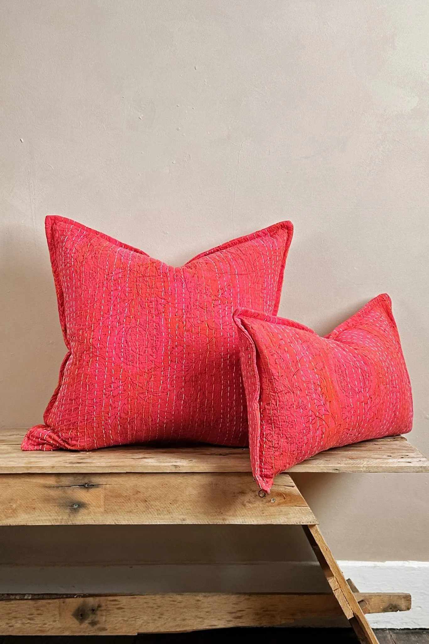 Pink Floral Block Printed Hand Stitched Rectangular Kantha Cushion