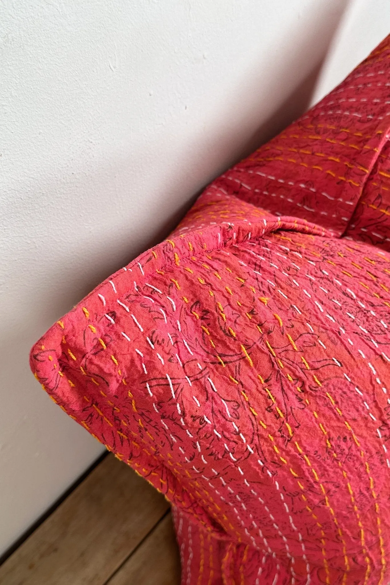 Pink Floral Block Printed Hand Stitched Square Kantha Cushion