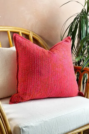 Pink Floral Block Printed Hand Stitched Square Kantha Cushion